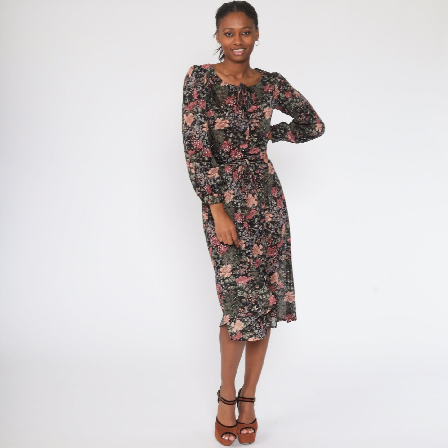 70s Floral Midi Dress Puff Sleeve Button-Up High Waist Semi-Sheer Small