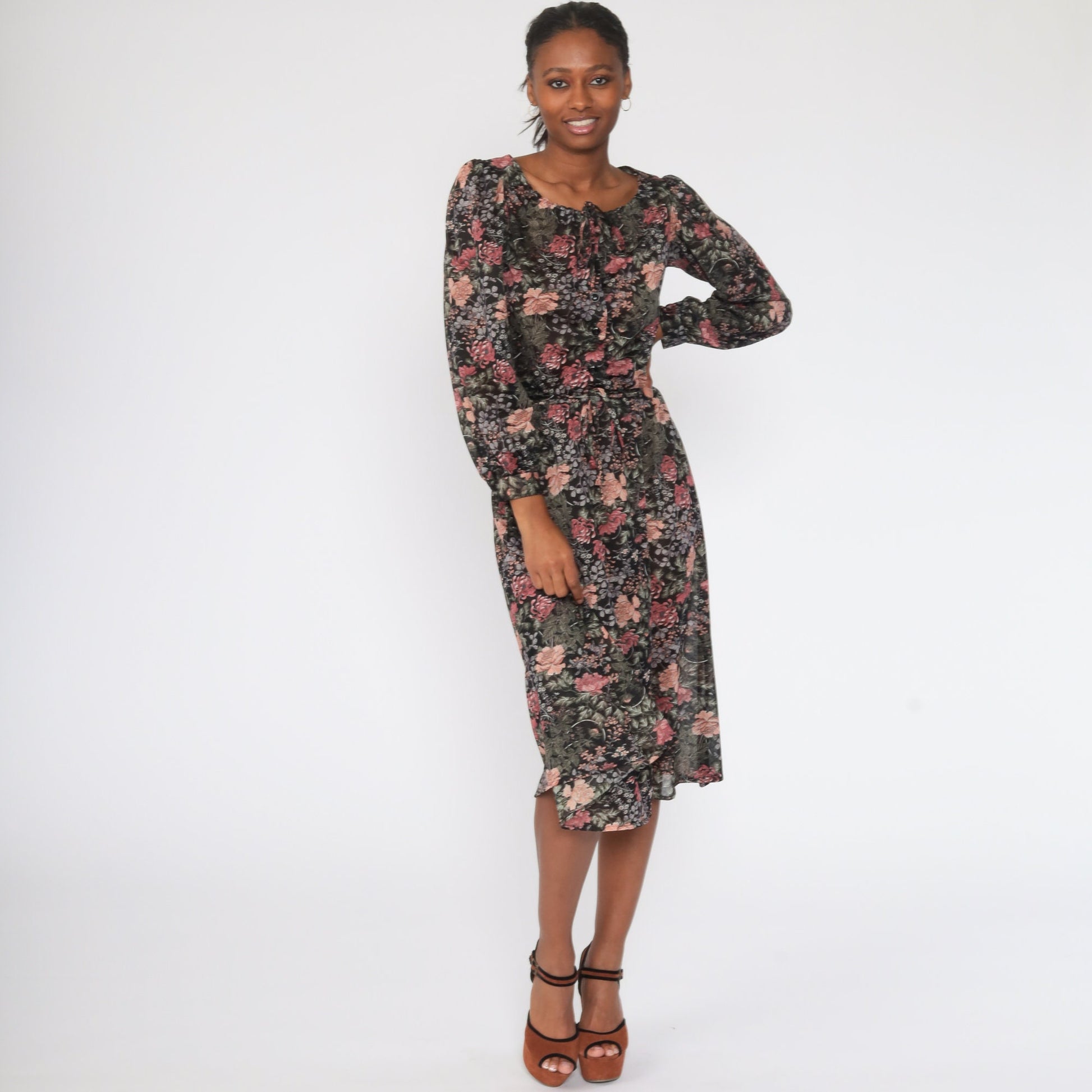 70s Floral Midi Dress Puff Sleeve Button-Up High Waist Semi-Sheer Small