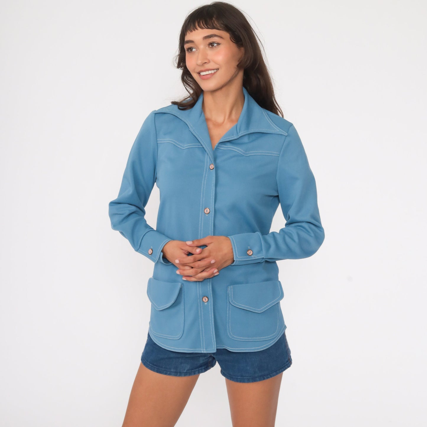 70s Blue Dagger Collar Button-Up Shirt Long Sleeve Small Medium