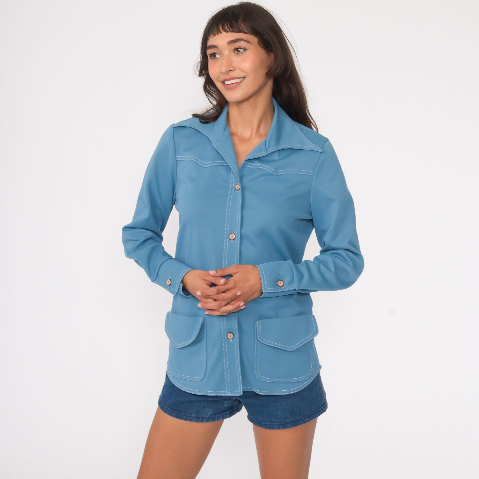 70s Blue Dagger Collar Button-Up Shirt Long Sleeve Small Medium