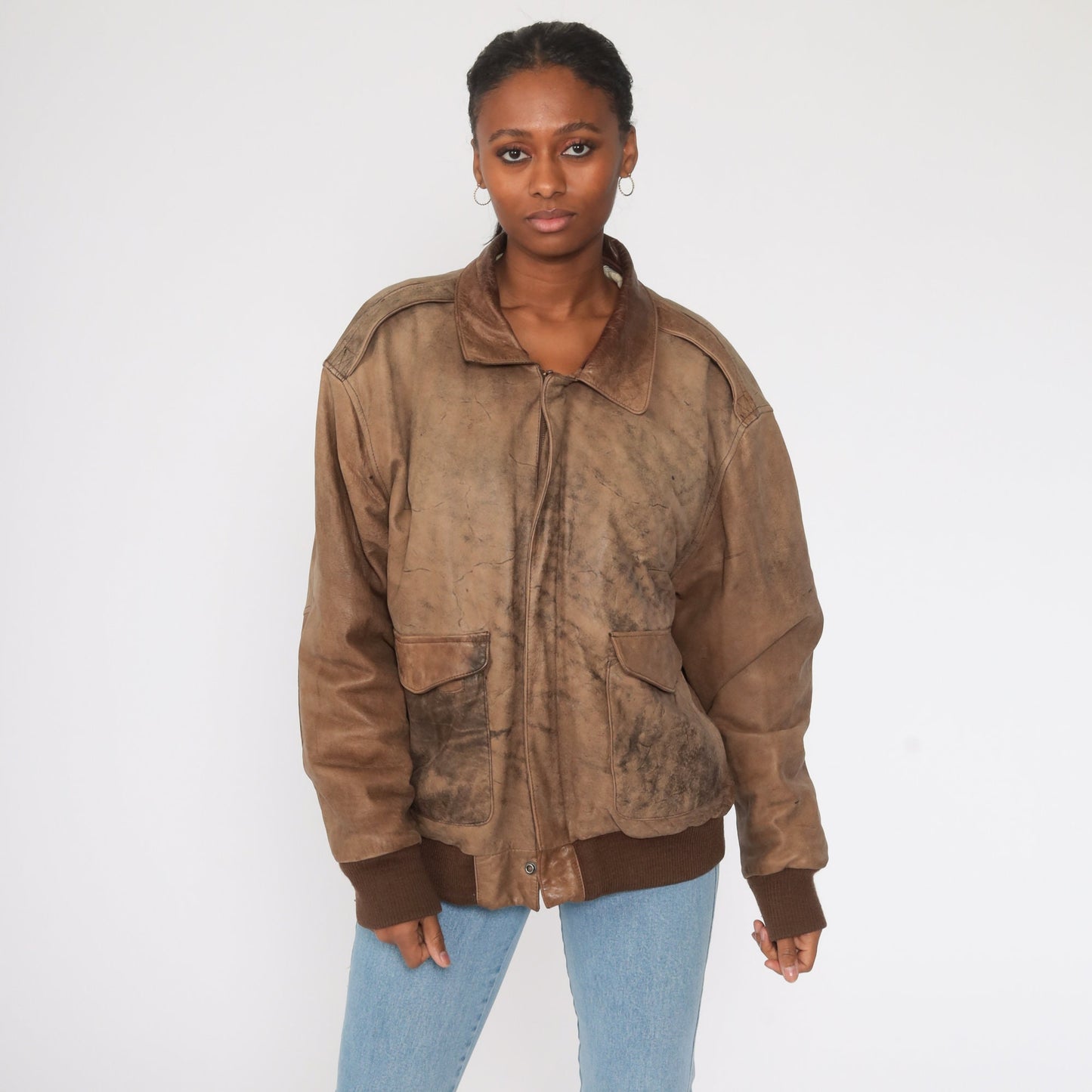 80s Charles Klein Brown Leather Bomber Jacket Moto Biker Extra Large