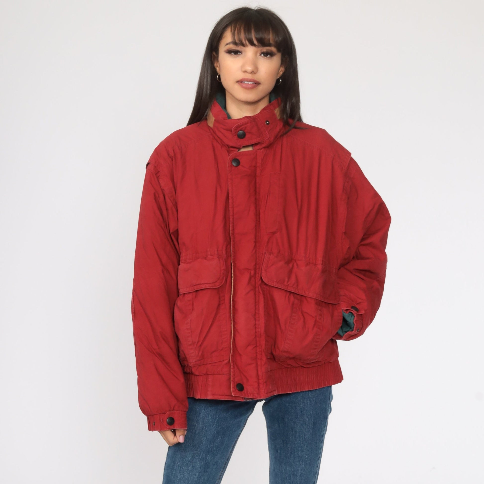 70s Red Down Puffer Ski Jacket Hooded Zip Coat Medium