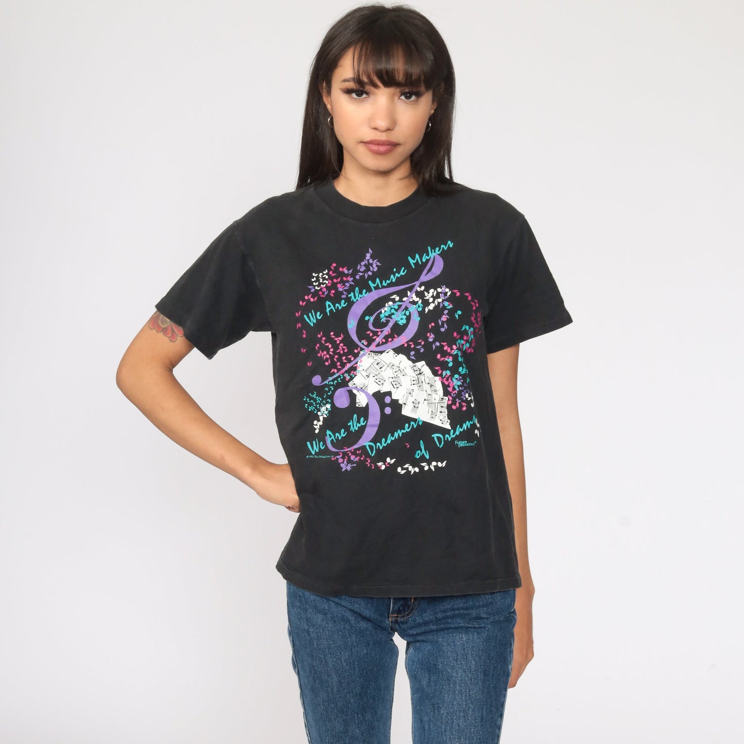 90s Hanes Music Note Graphic T-Shirt Black Cotton Tee Extra Small