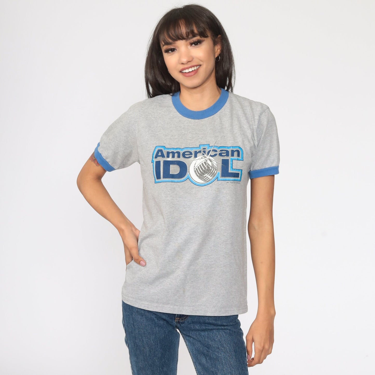00s American Idol Ringer Tee Grey Graphic T-Shirt Small S