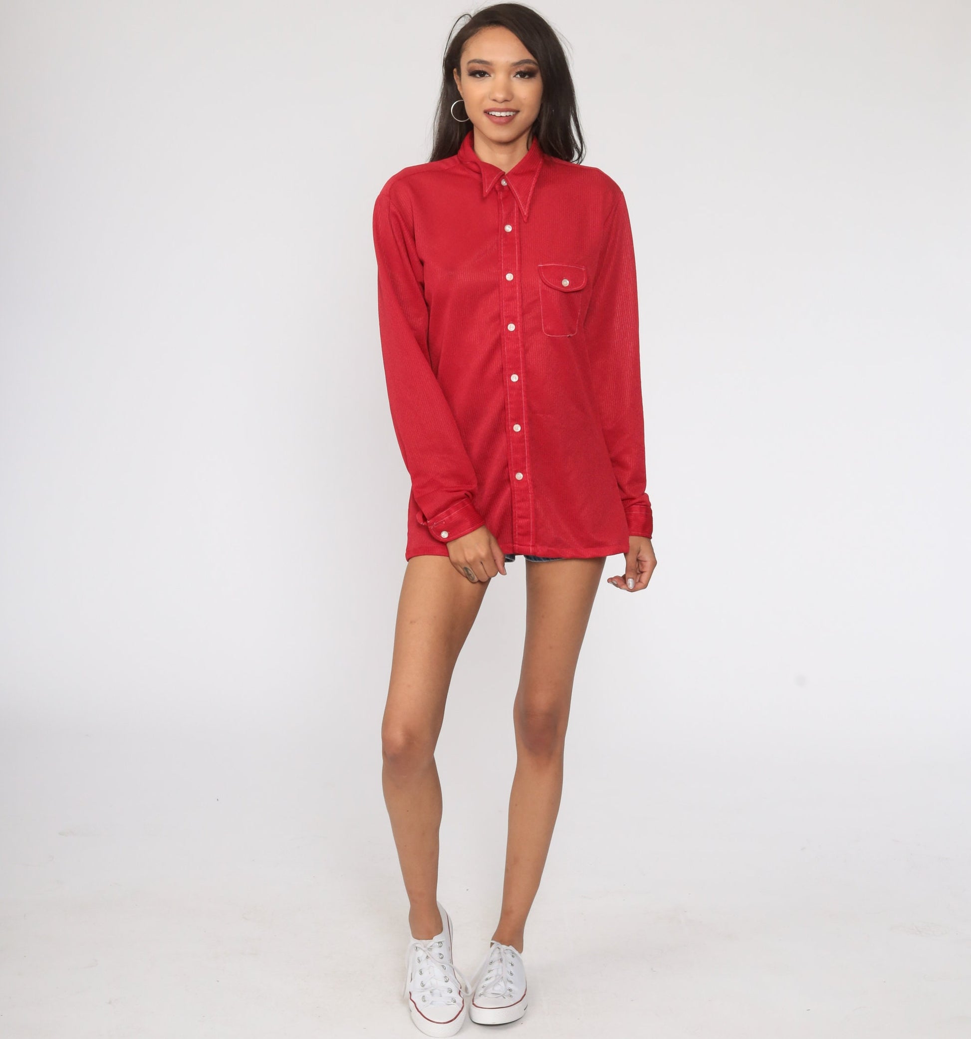 70s Red Dagger Collar Button-Up Shirt Topstitched Long Sleeve Medium Large