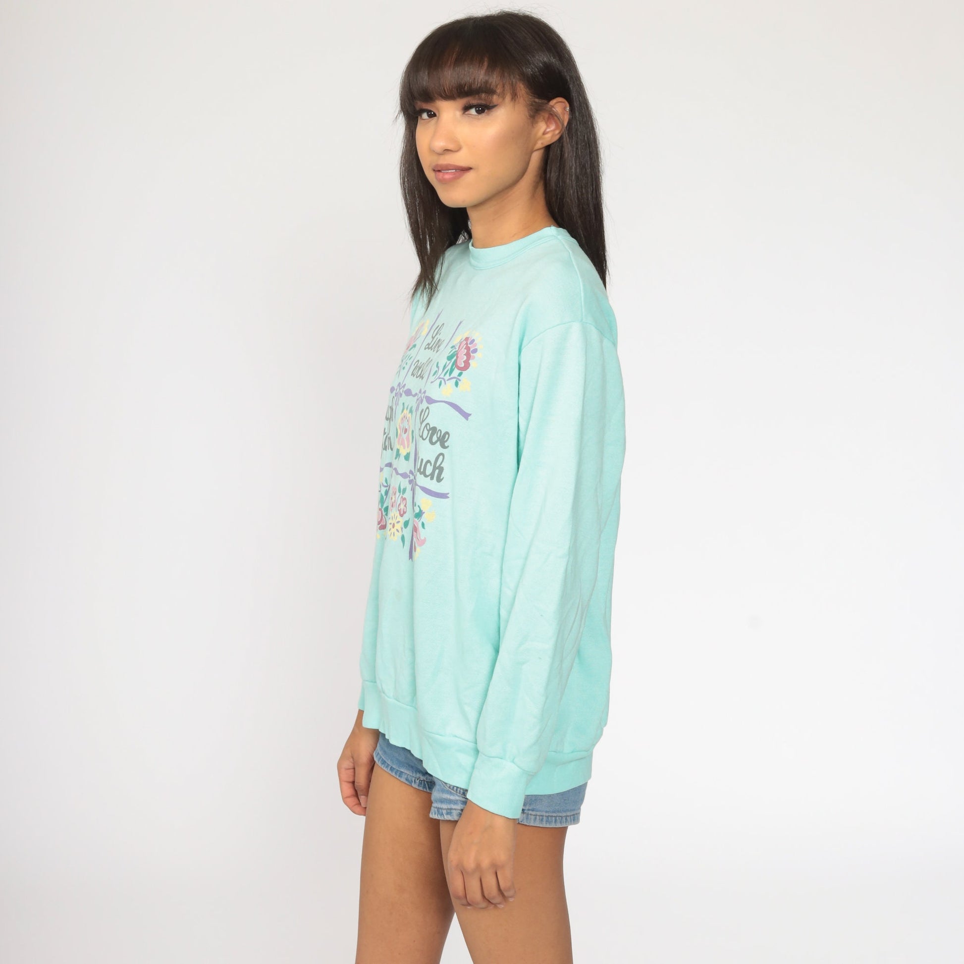 80s Live Laugh Love Slogan Sweatshirt Turquoise Graphic Crewneck Large