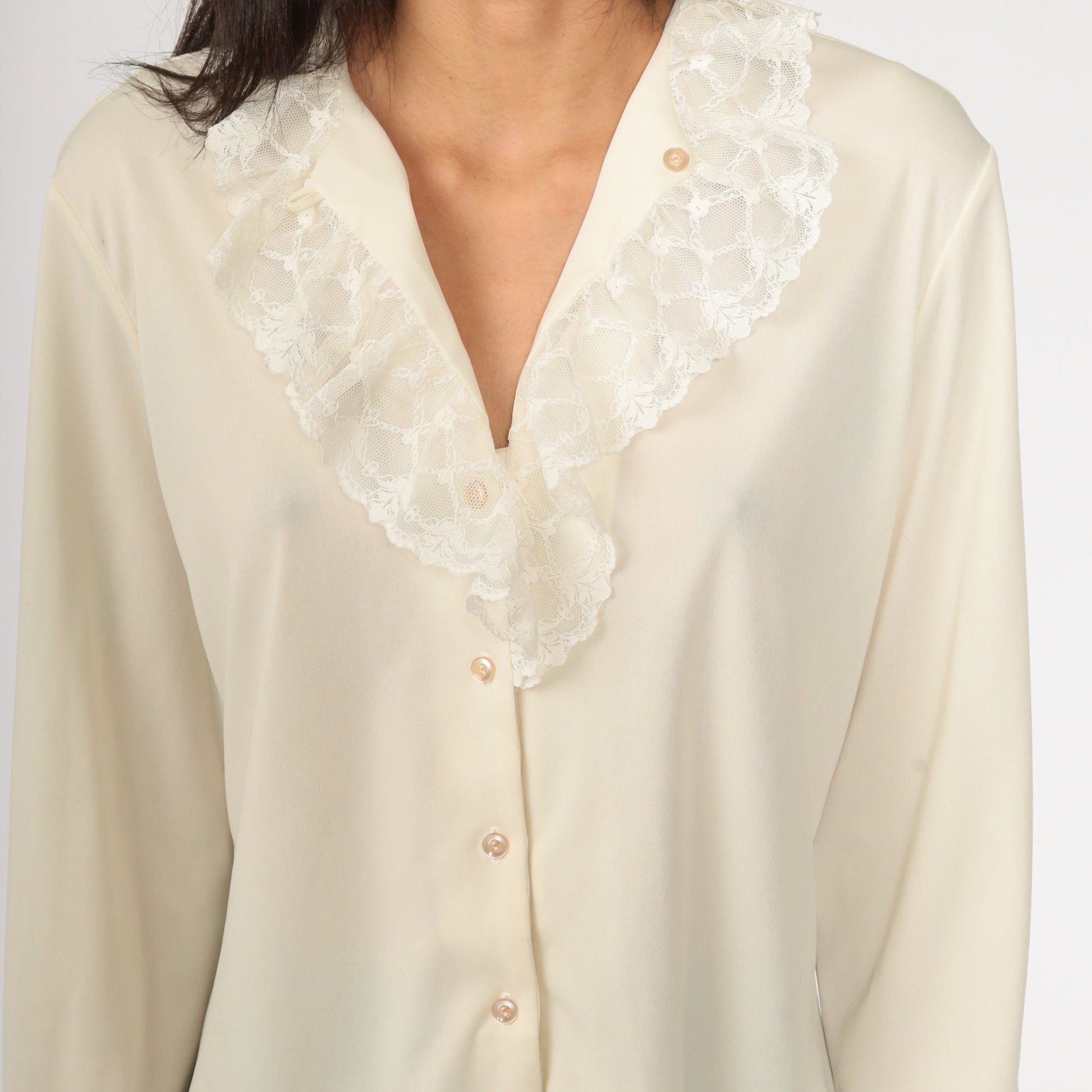 70s Cream Lace Ruffle Blouse High Collar Long Sleeve Button Up Large