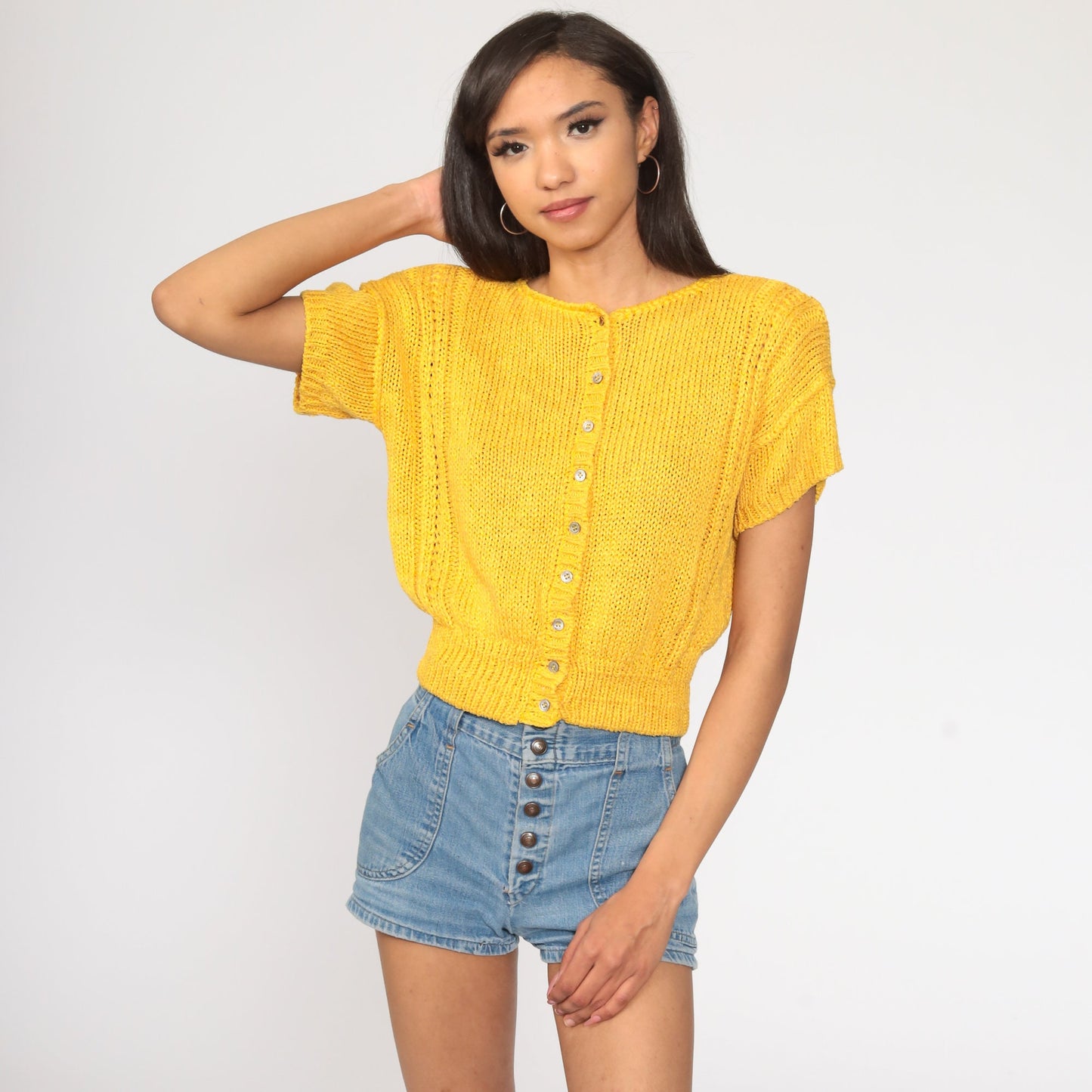 90s Golden Yellow Knit Cardigan Button-Up Short Sleeve Small Medium