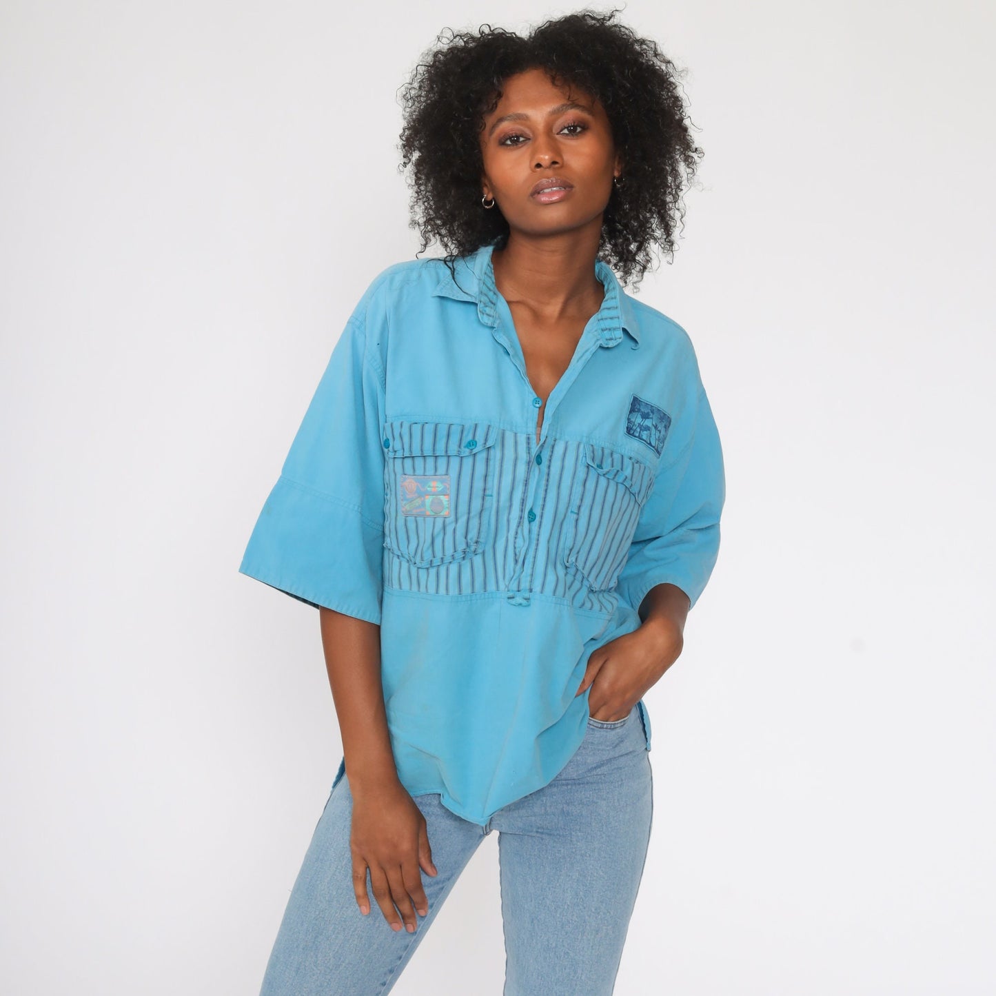 90s Tropical Palm Tree Button Up Shirt Blue Striped Distressed Medium Large