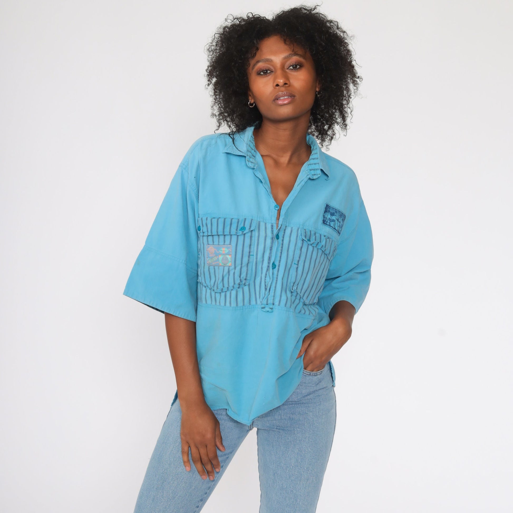 90s Tropical Palm Tree Button Up Shirt Blue Striped Distressed Medium Large
