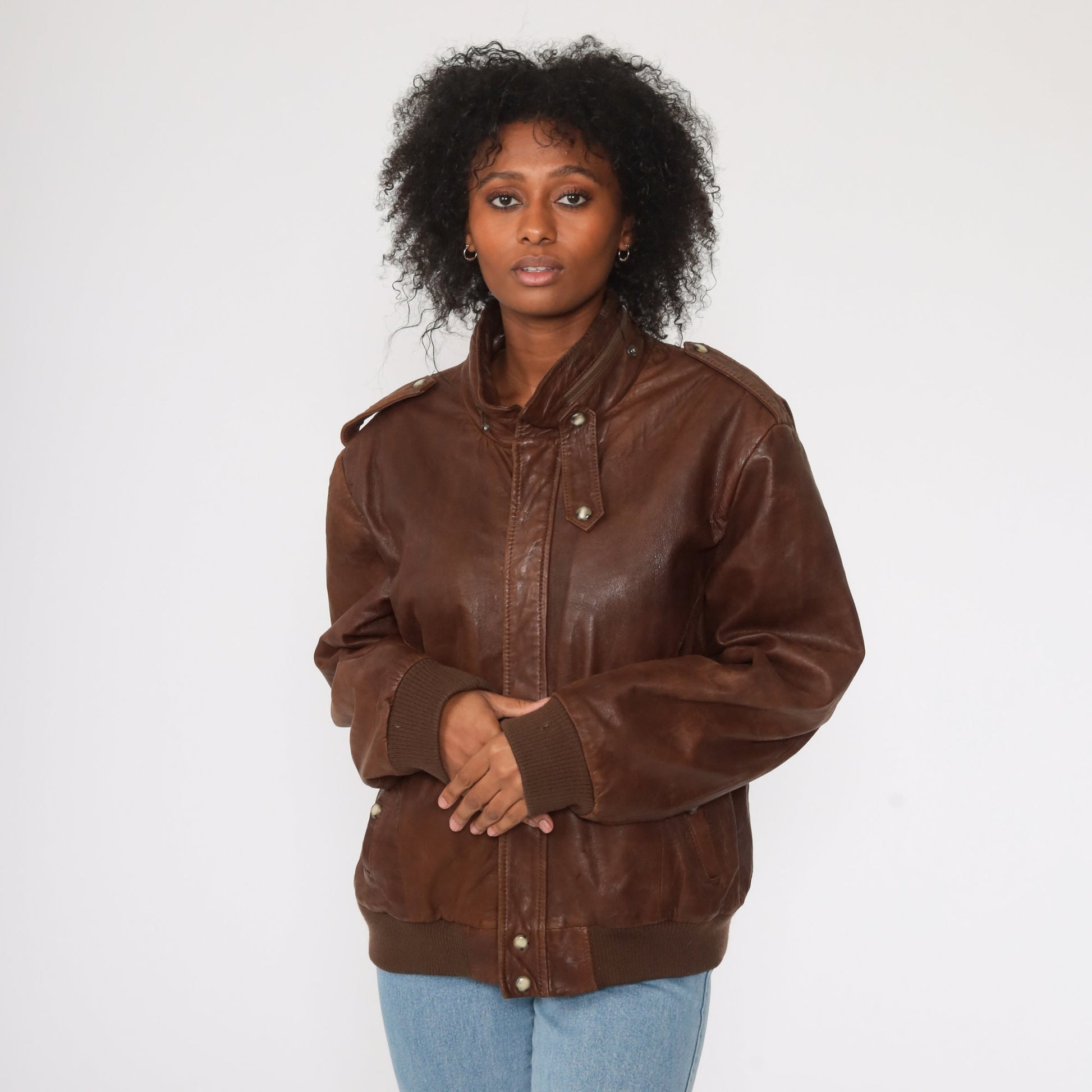 80s Brown Leather Bomber Jacket Moto Cafe Racer Men's Large 44