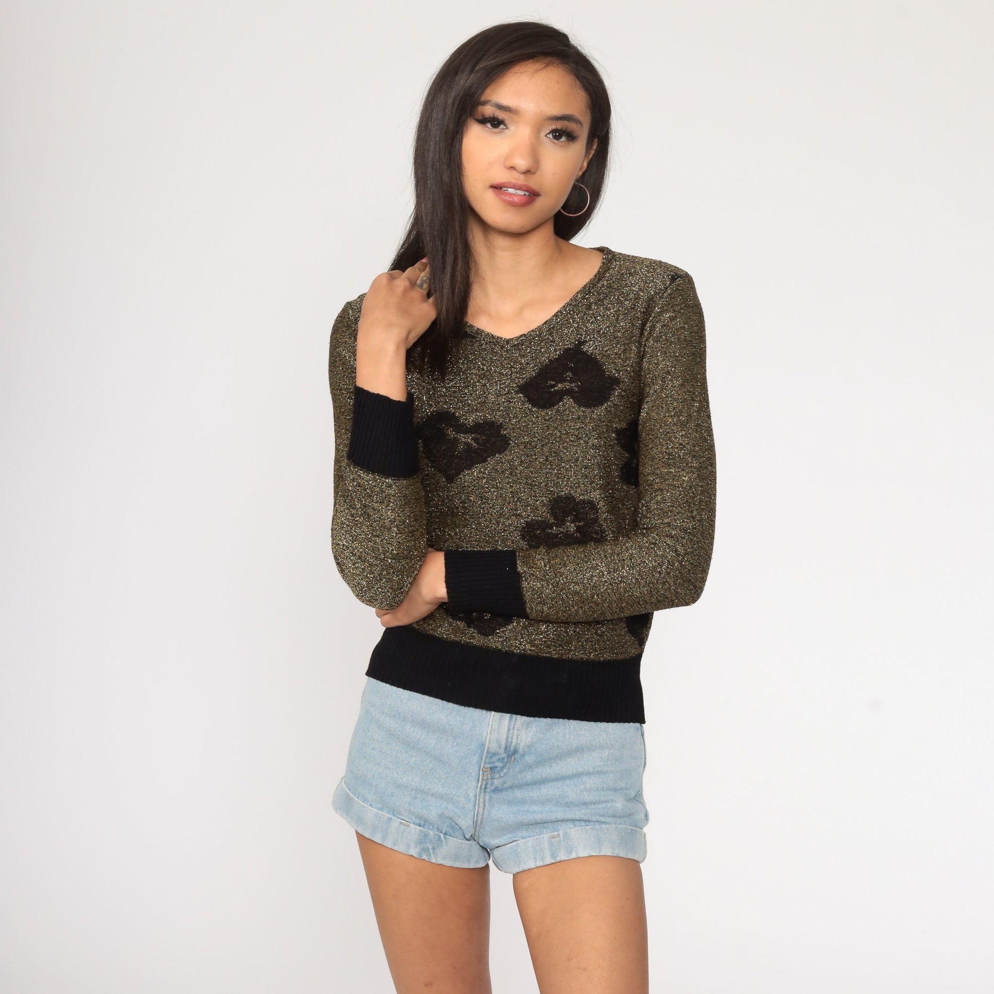 80s Metallic Leaf Sweater Black Gold Glitter Knit Pullover Extra Small XXS
