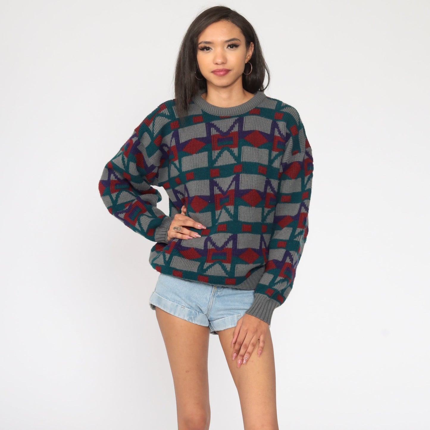 80s Geometric Print Knit Sweater Grey Pullover Large