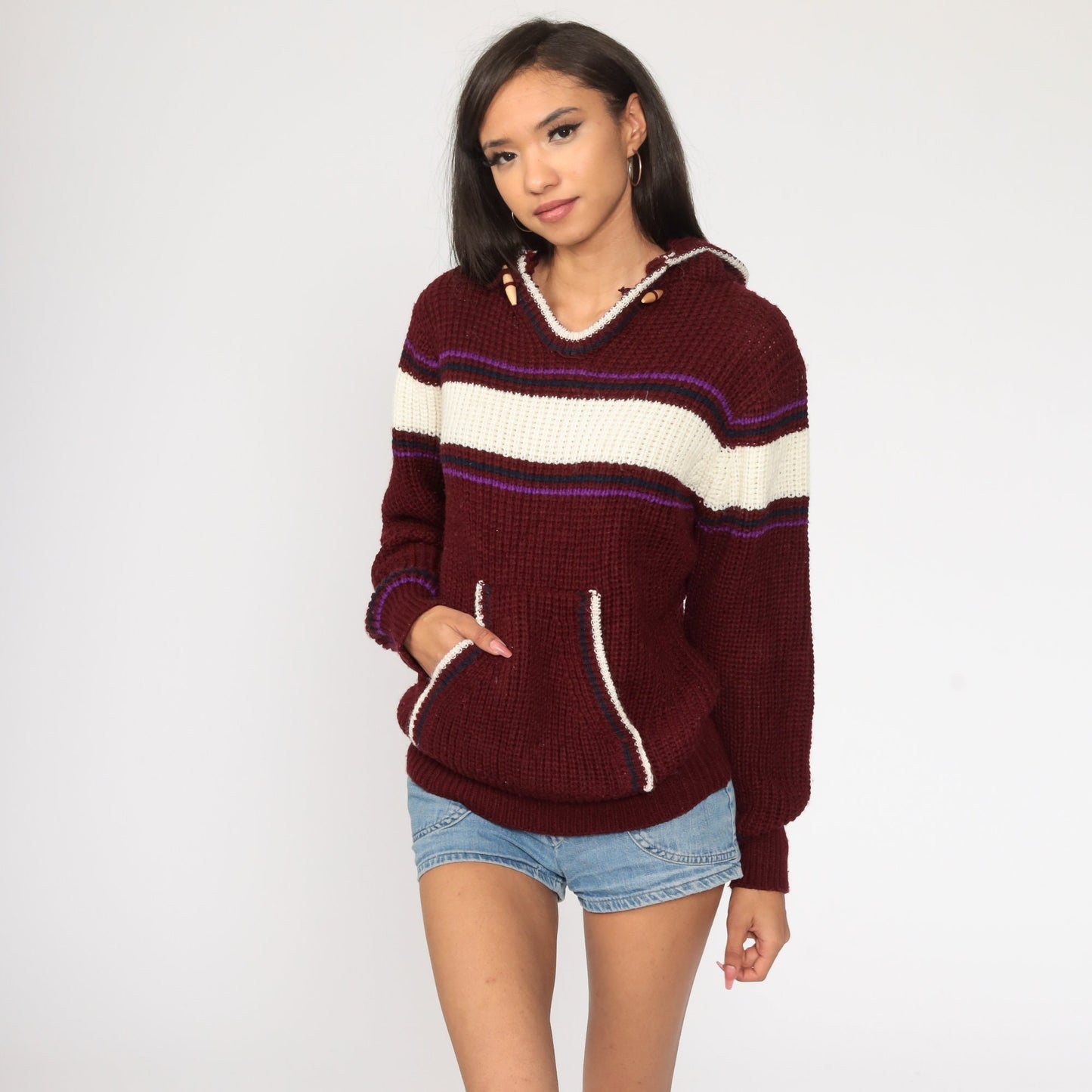 70s-80s Burgundy Striped Knit Hoodie Pullover Small Medium