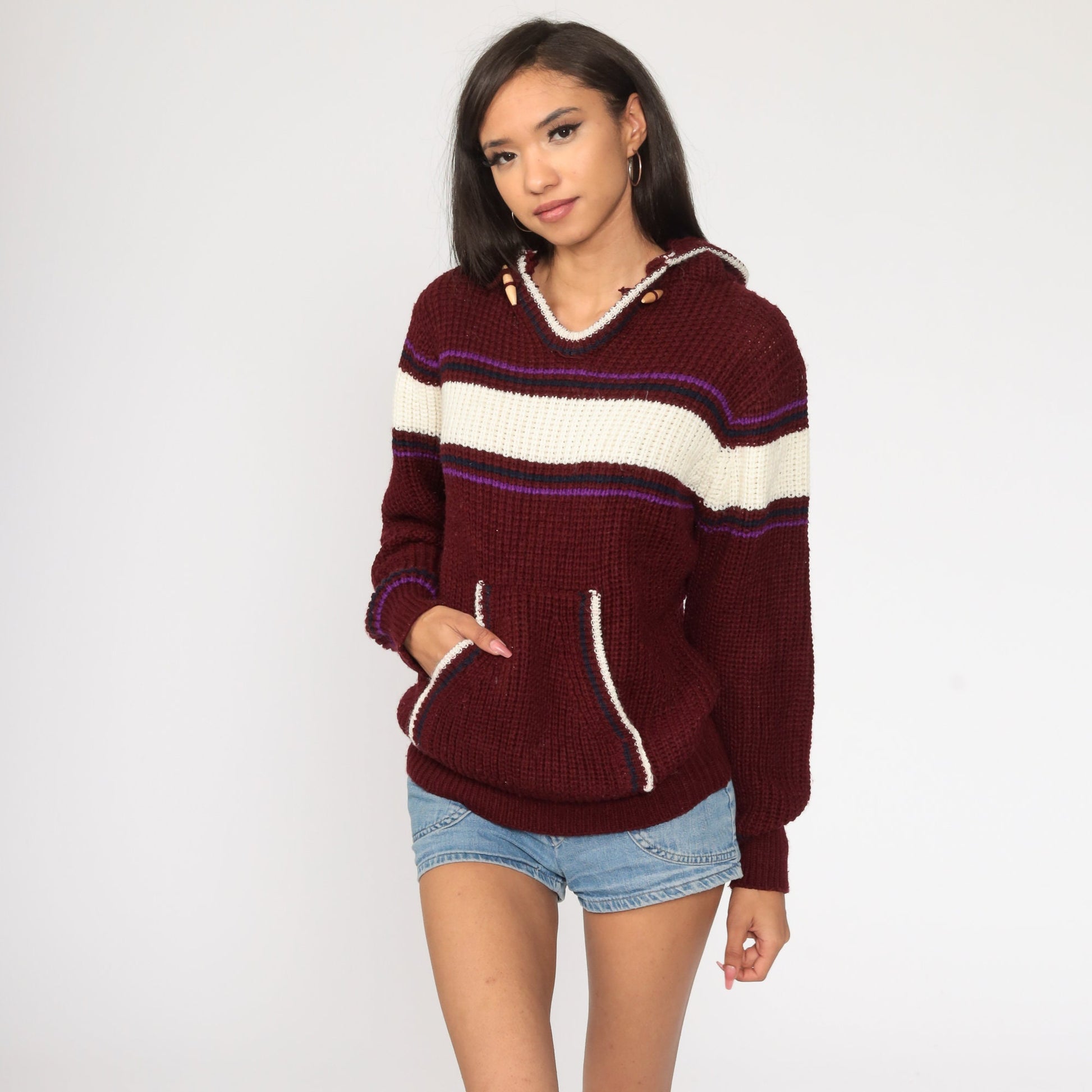 70s-80s Burgundy Striped Knit Hoodie Pullover Small Medium