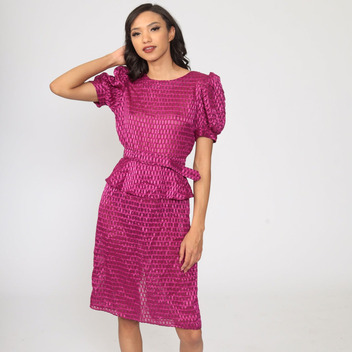 80s Purple Sheer Midi Dress Puff Sleeve High Waisted Peplum Small