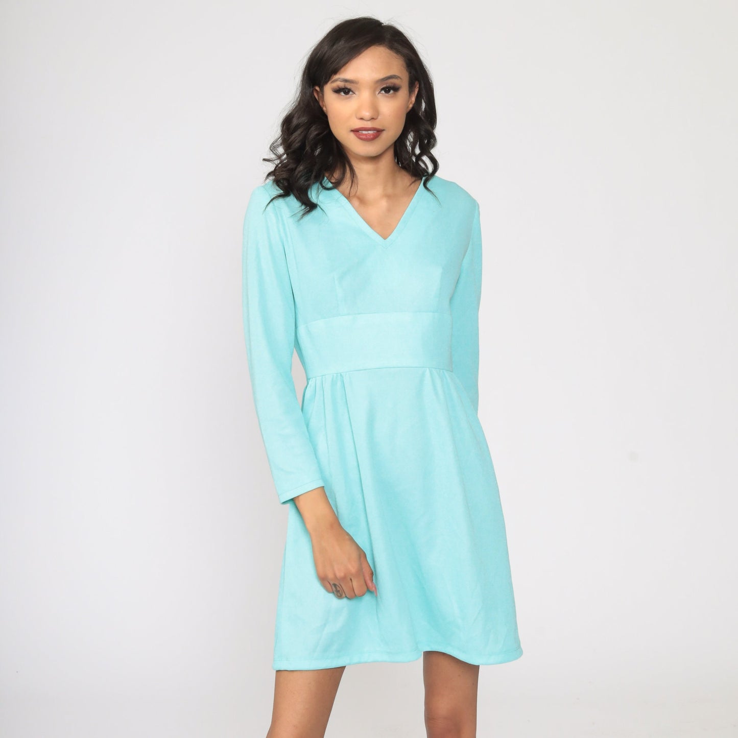 70s Blue Babydoll Mini Dress Deep V Neck Empire Waist Long Sleeve Small S