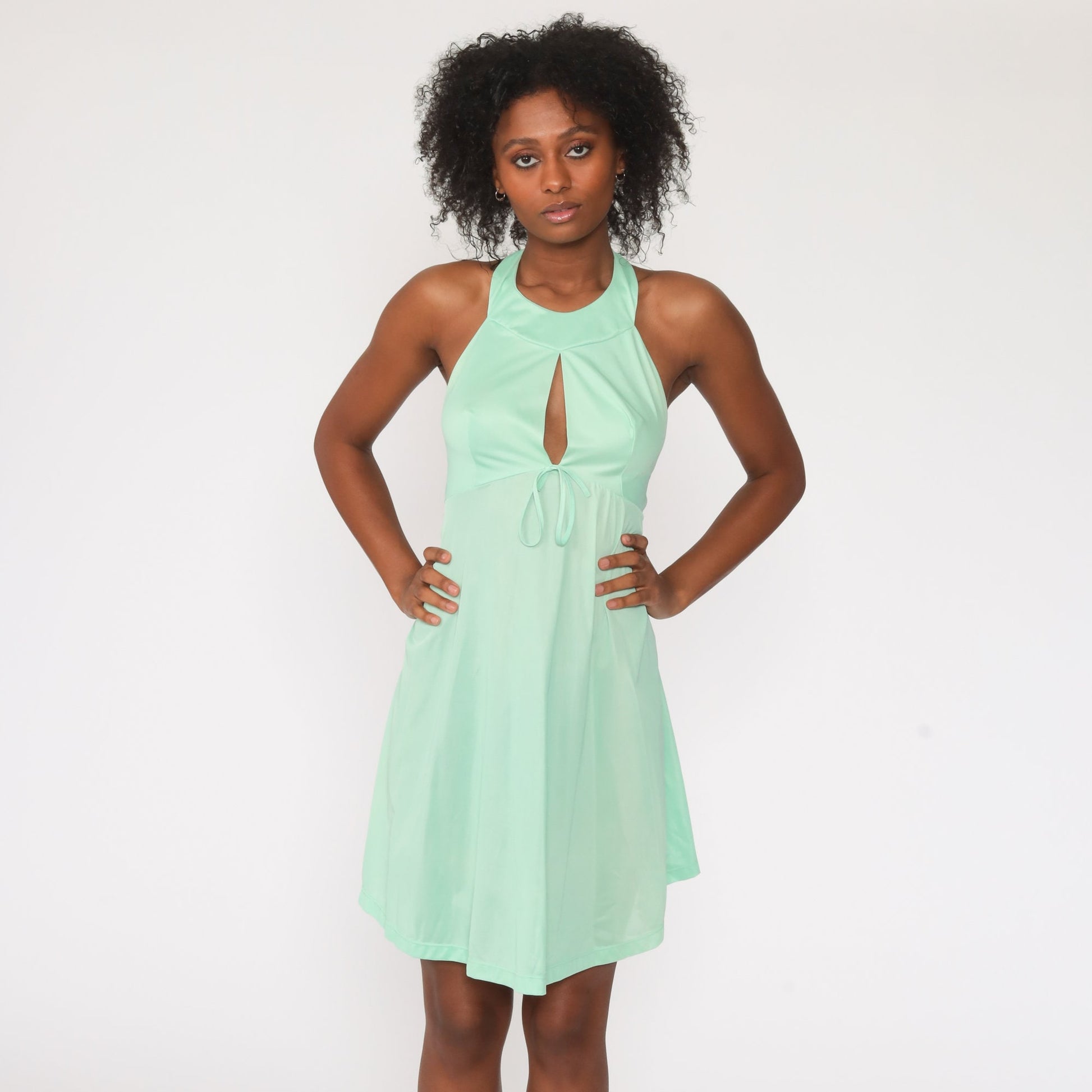 70s Green Halter Mini Dress Keyhole Chest Empire Waist Open Back Extra Small