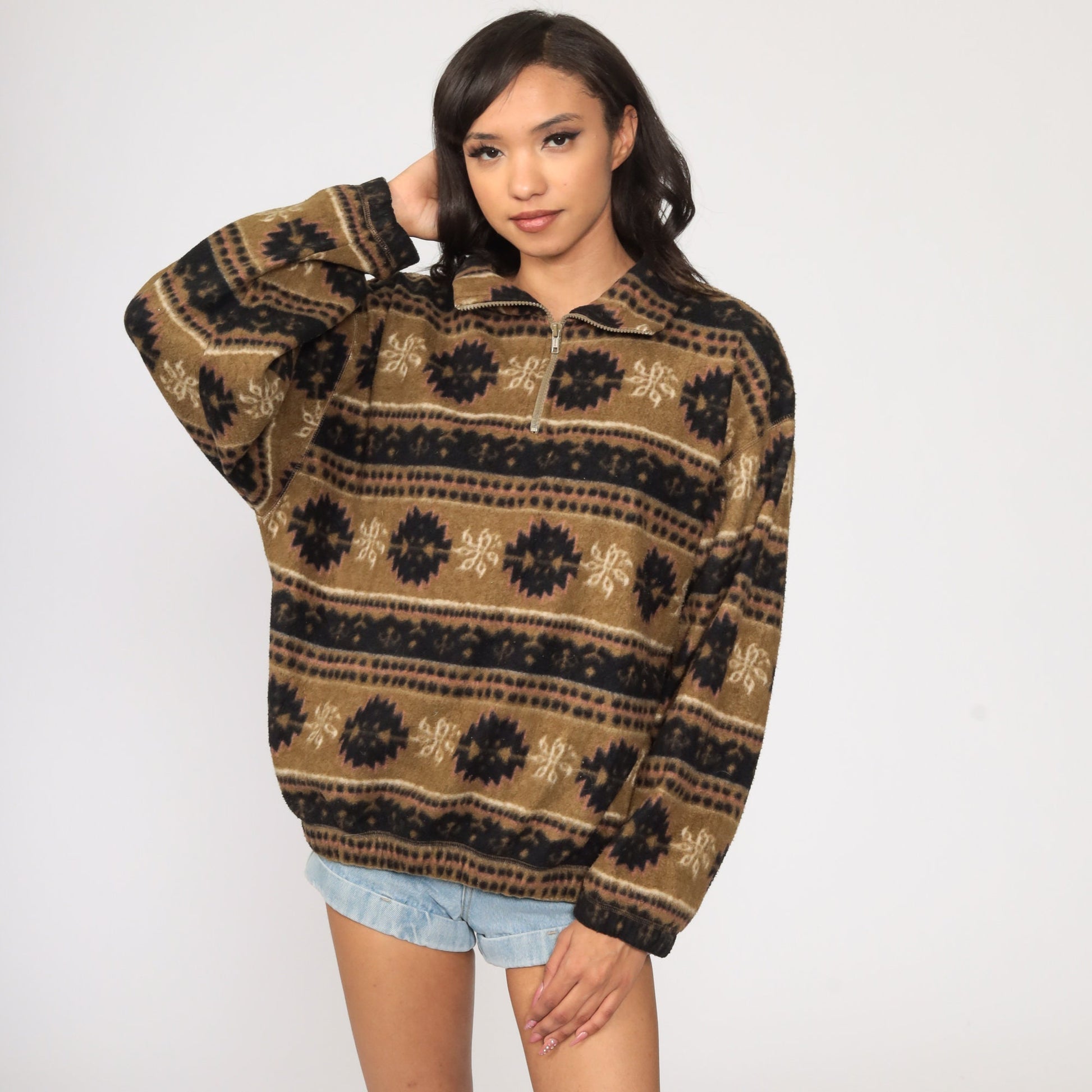 90s Bugle Boy Fleece Pullover Jacket Brown Geometric Quarter Zip Medium