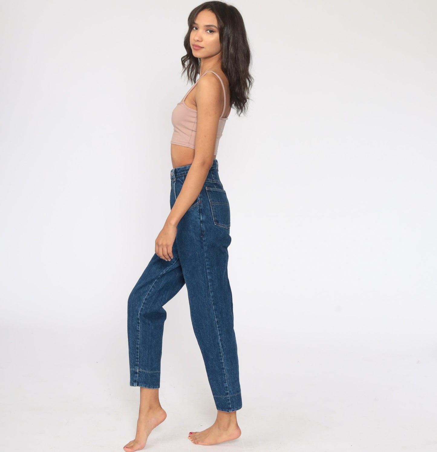 90s High Waisted Pleated Mom Jeans Blue Stone Wash Plaid Trim XXS