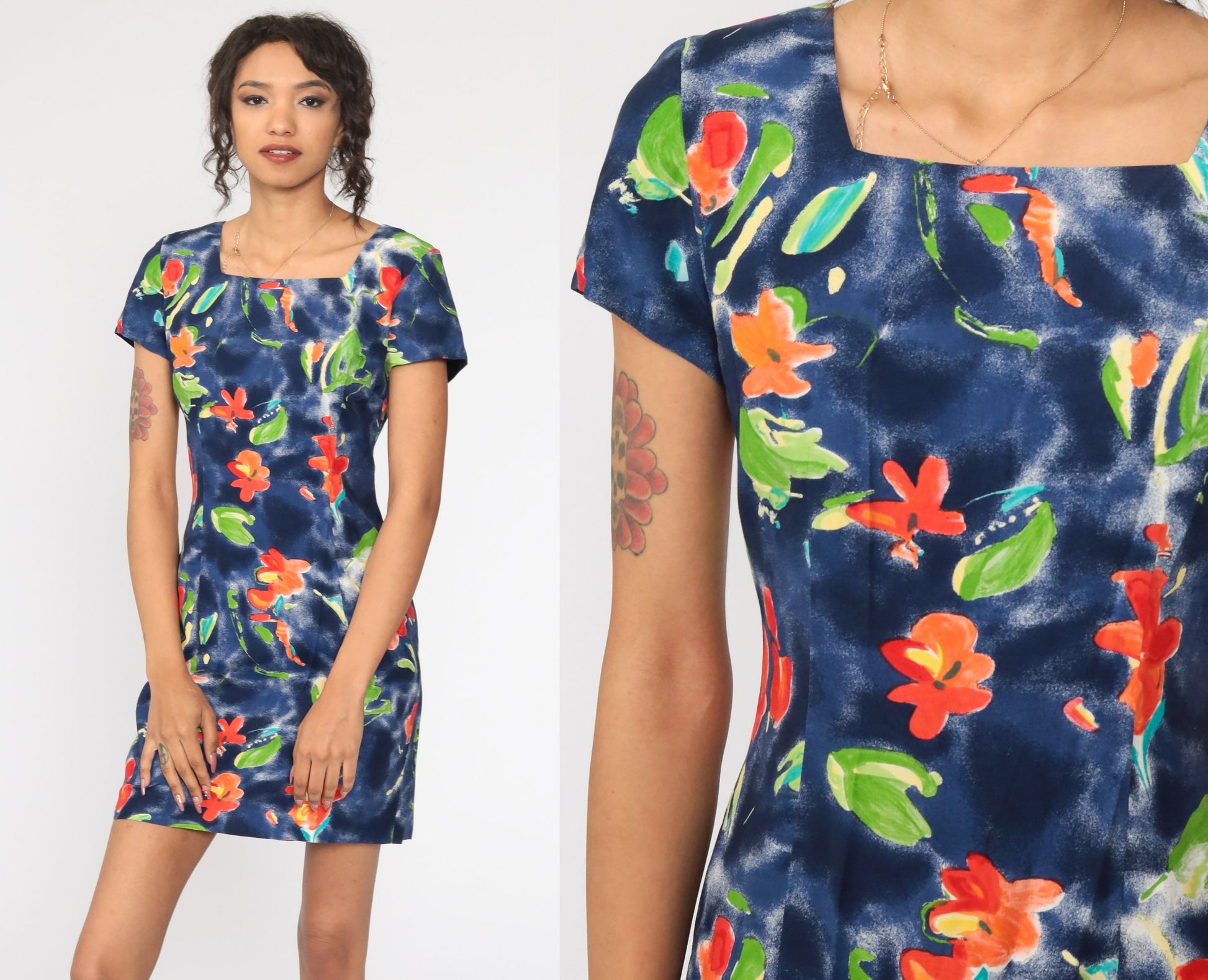90s Jessica Howard Floral Mini Dress Blue Watercolor Sheath Short Sleeve Small