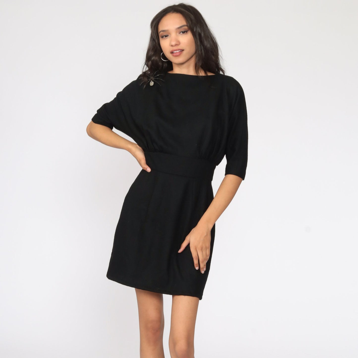 1950s Suzy Perette Black Wool Sheath Dress Dolman Sleeve Small