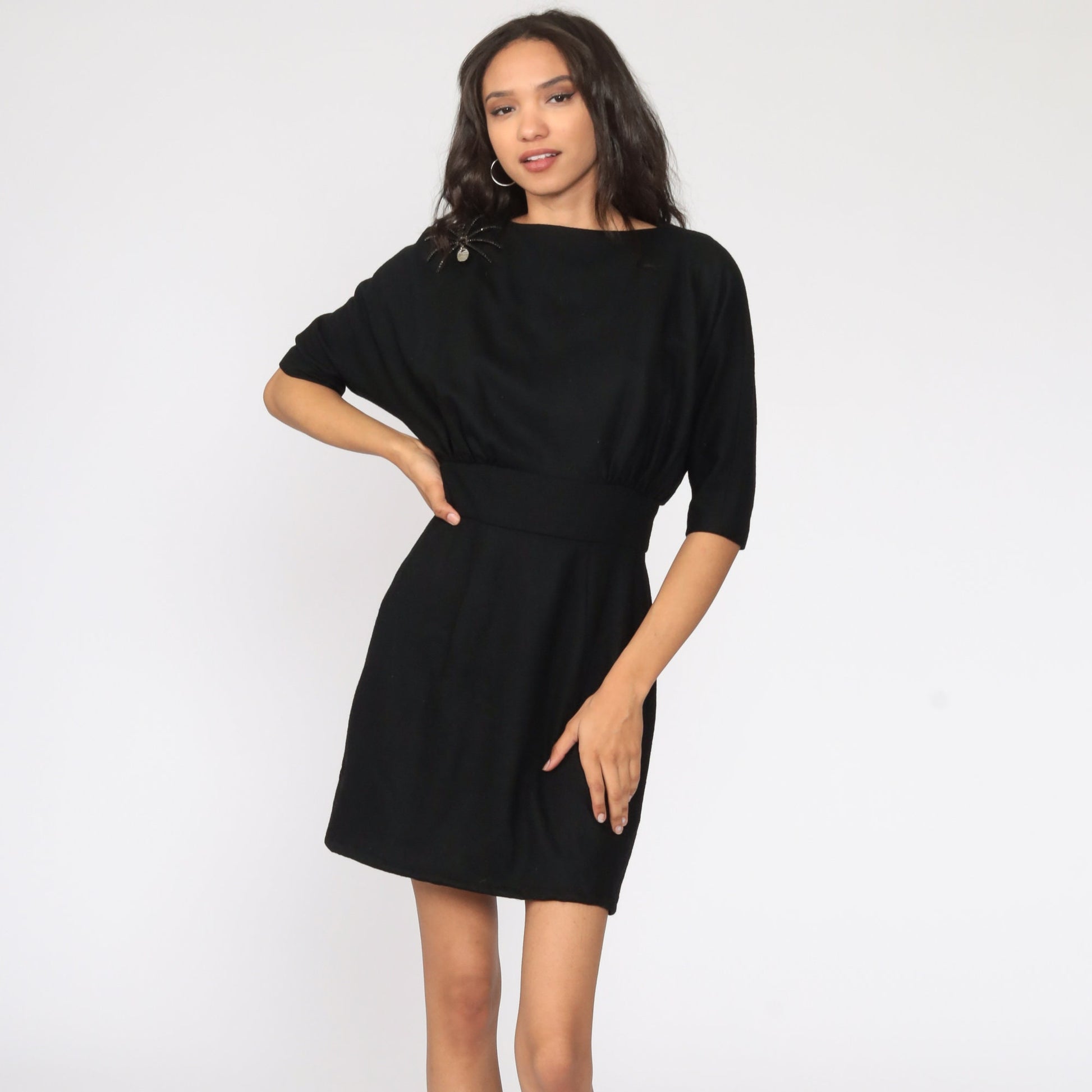 1950s Suzy Perette Black Wool Sheath Dress Dolman Sleeve Small