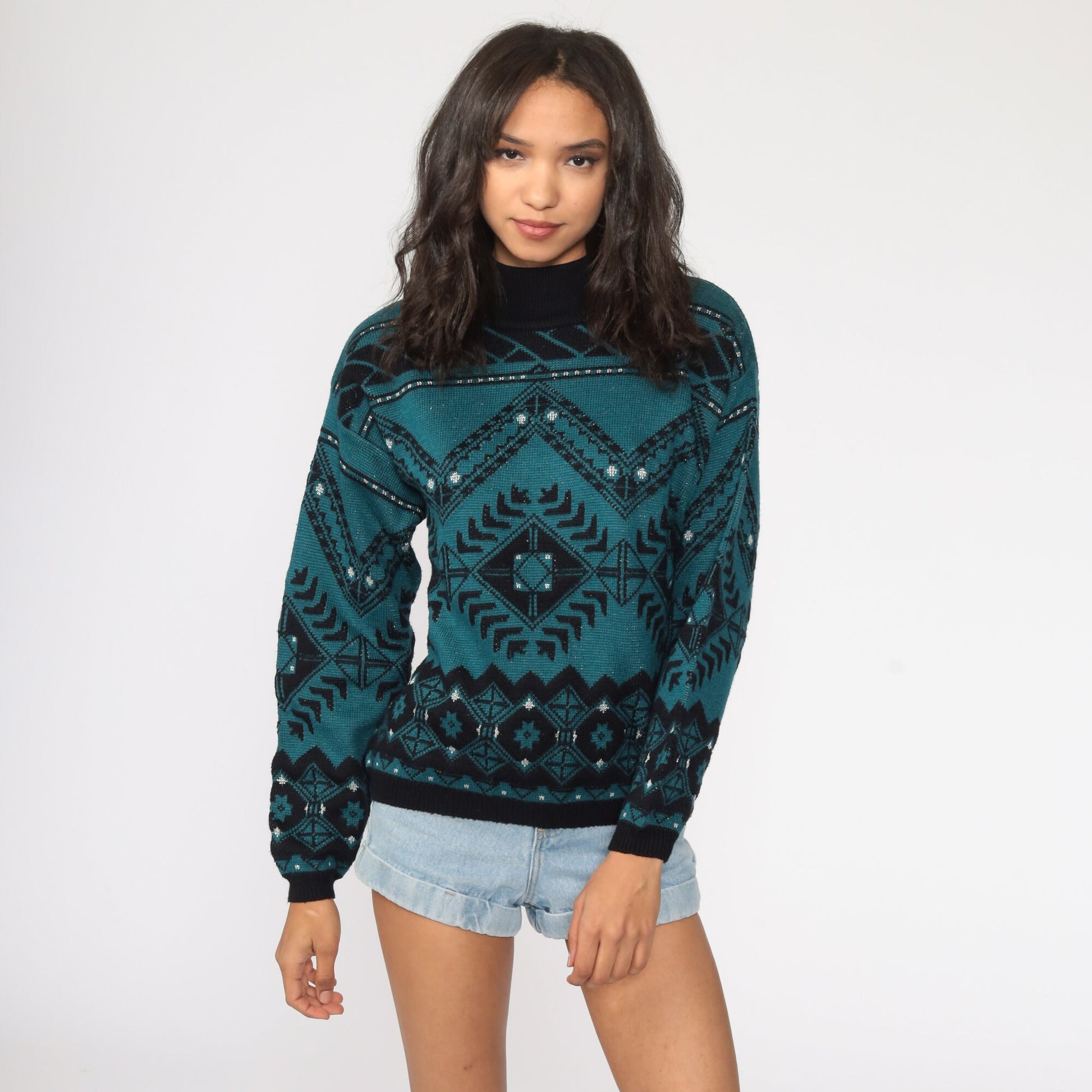 70s Geometric Wool Sweater Black Teal Metallic Pullover Medium