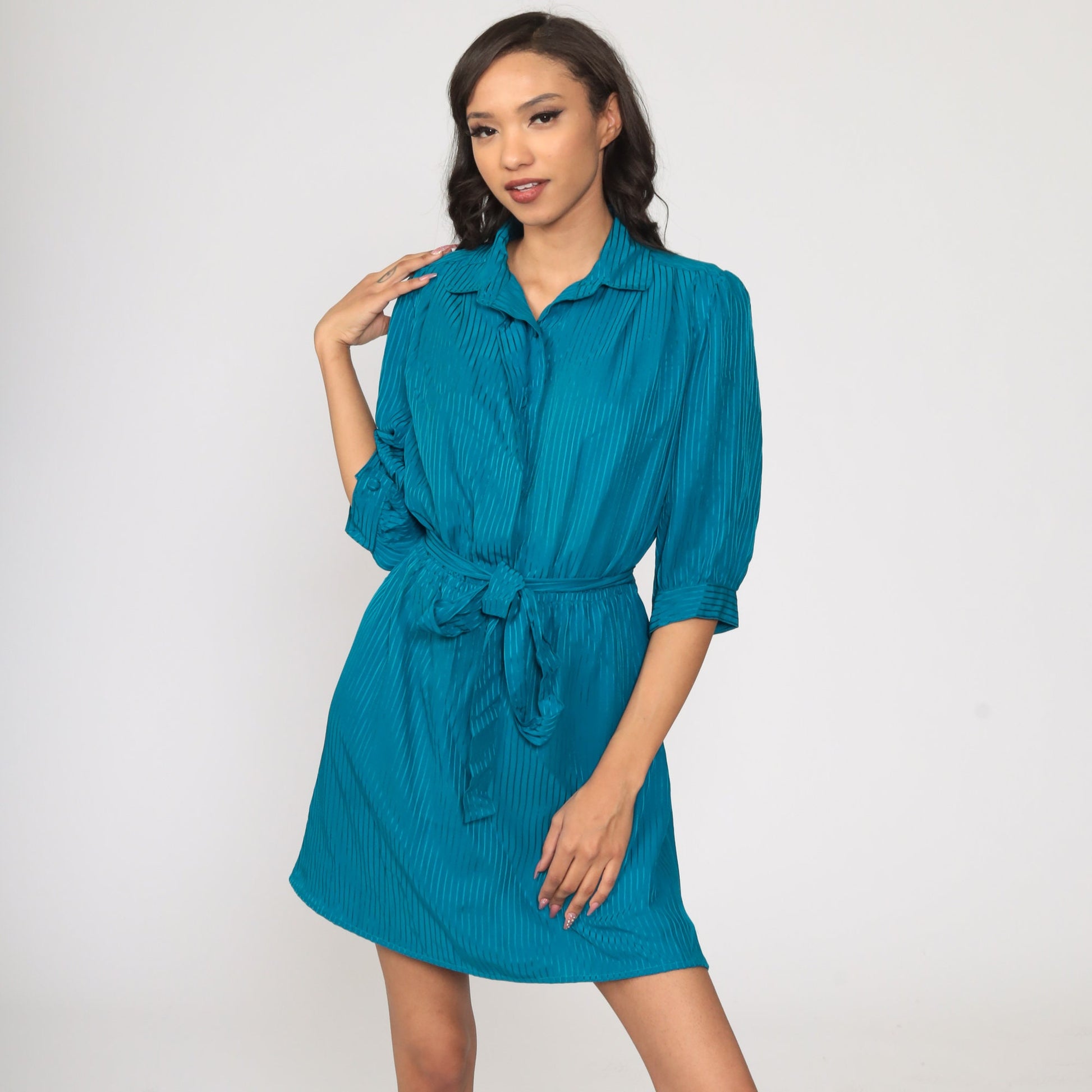 80s Blue Pinstriped Puff Sleeve Mini Dress High Waisted Button Up Large L