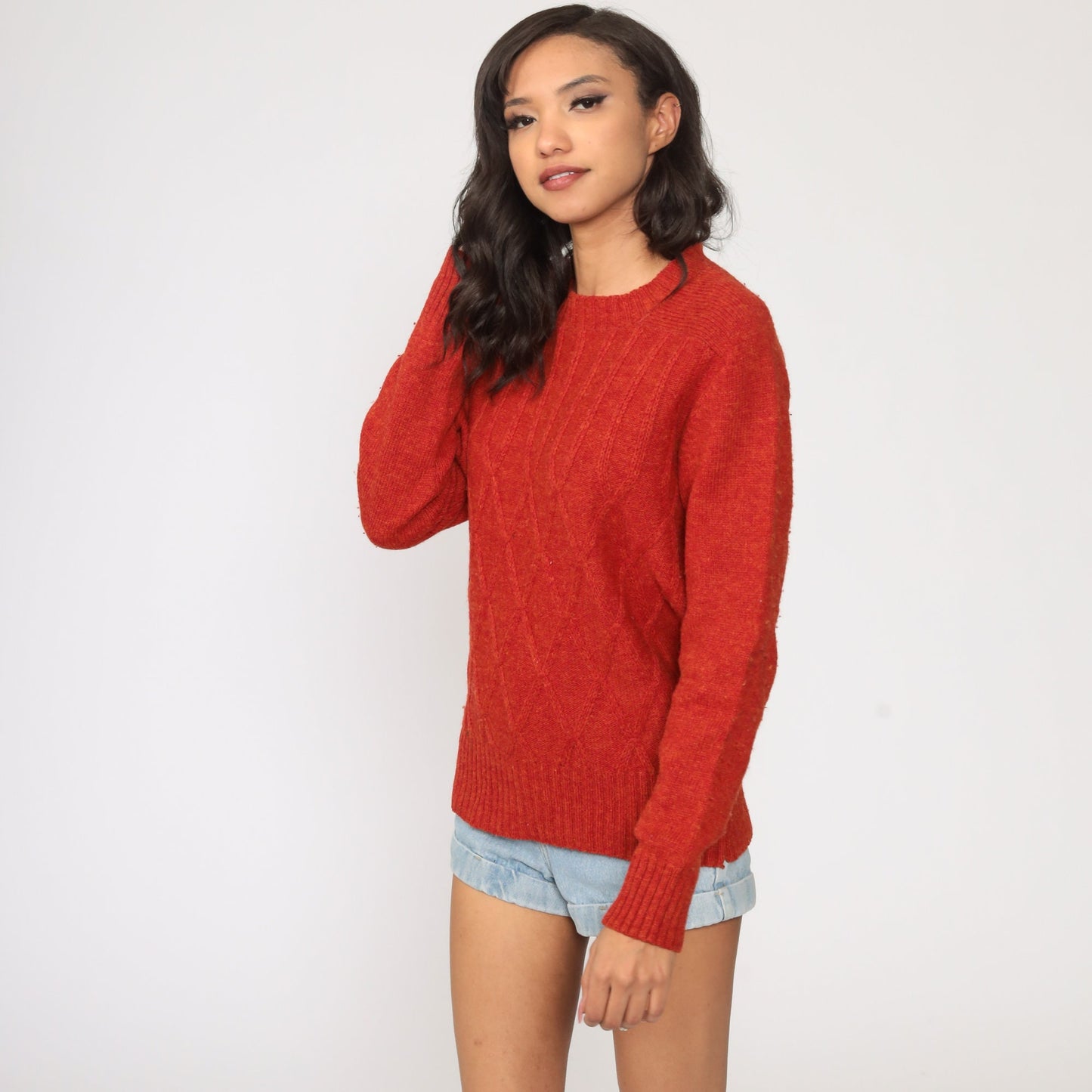 80s Red Wool Sweater Lattice Knit Crewneck Pullover Medium
