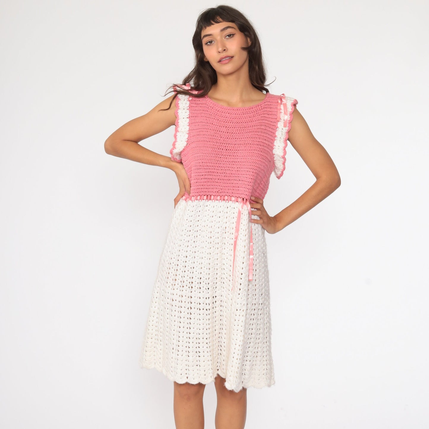 70s Crochet Knit Midi Dress Pink White Cap Sleeve Cutout Small Medium