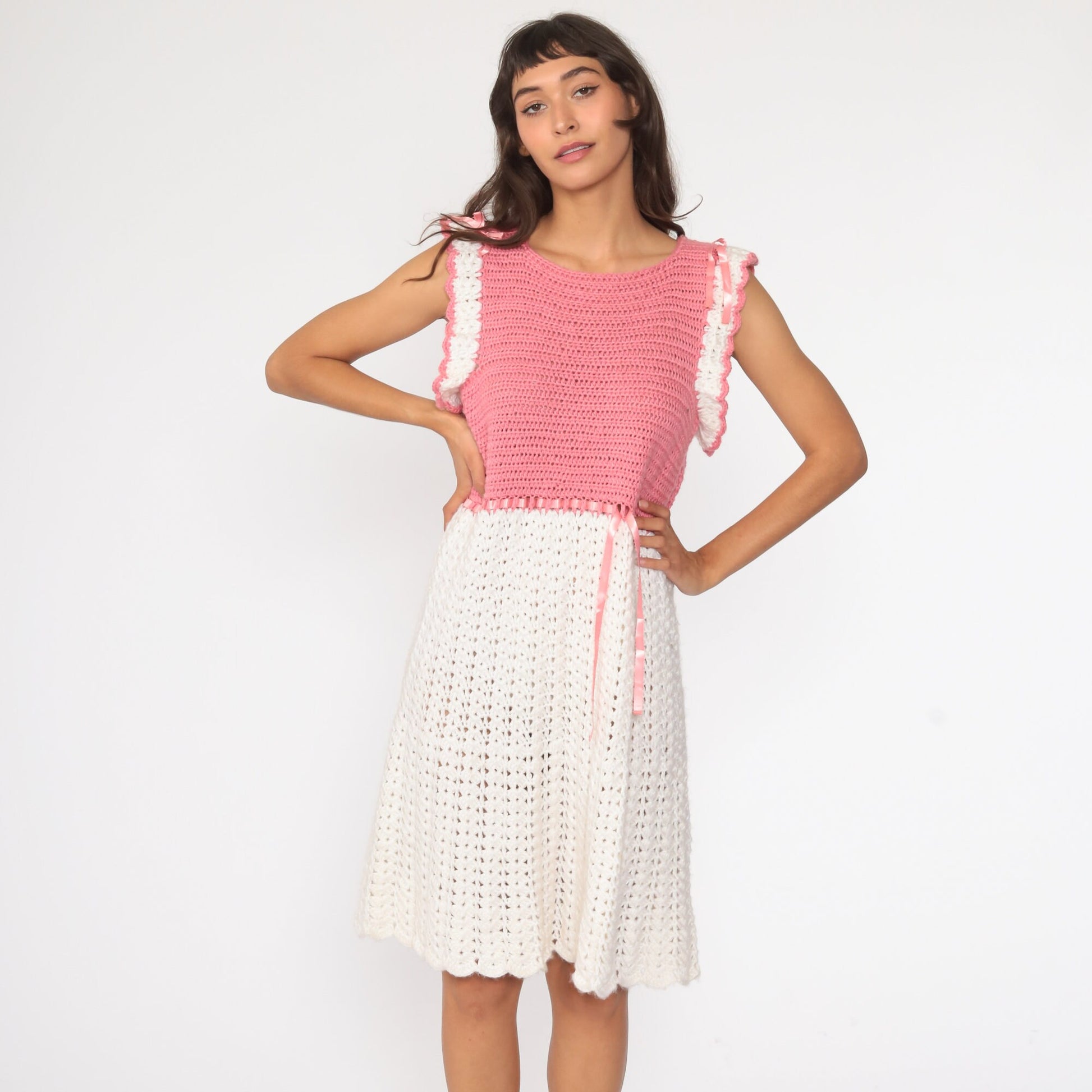 70s Crochet Knit Midi Dress Pink White Cap Sleeve Cutout Small Medium
