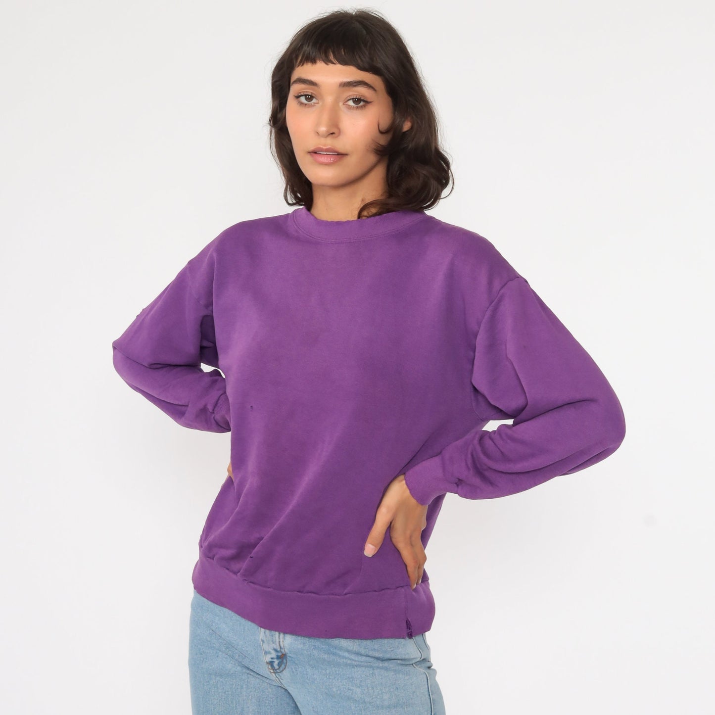 80s Purple Crewneck Sweatshirt Distressed Cotton Blend Medium