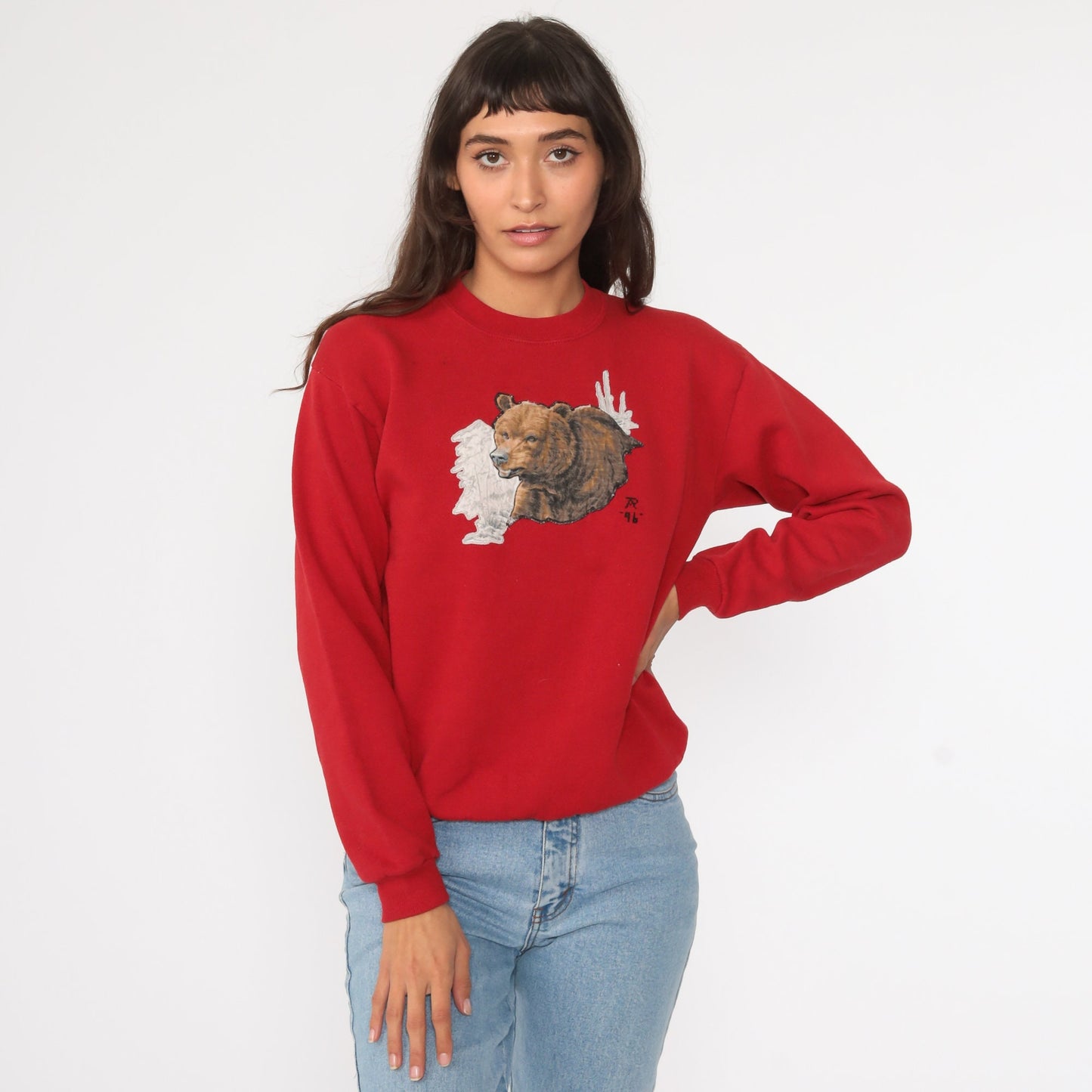 90s Bear Graphic Sweatshirt Red Crewneck Wildlife Print Small