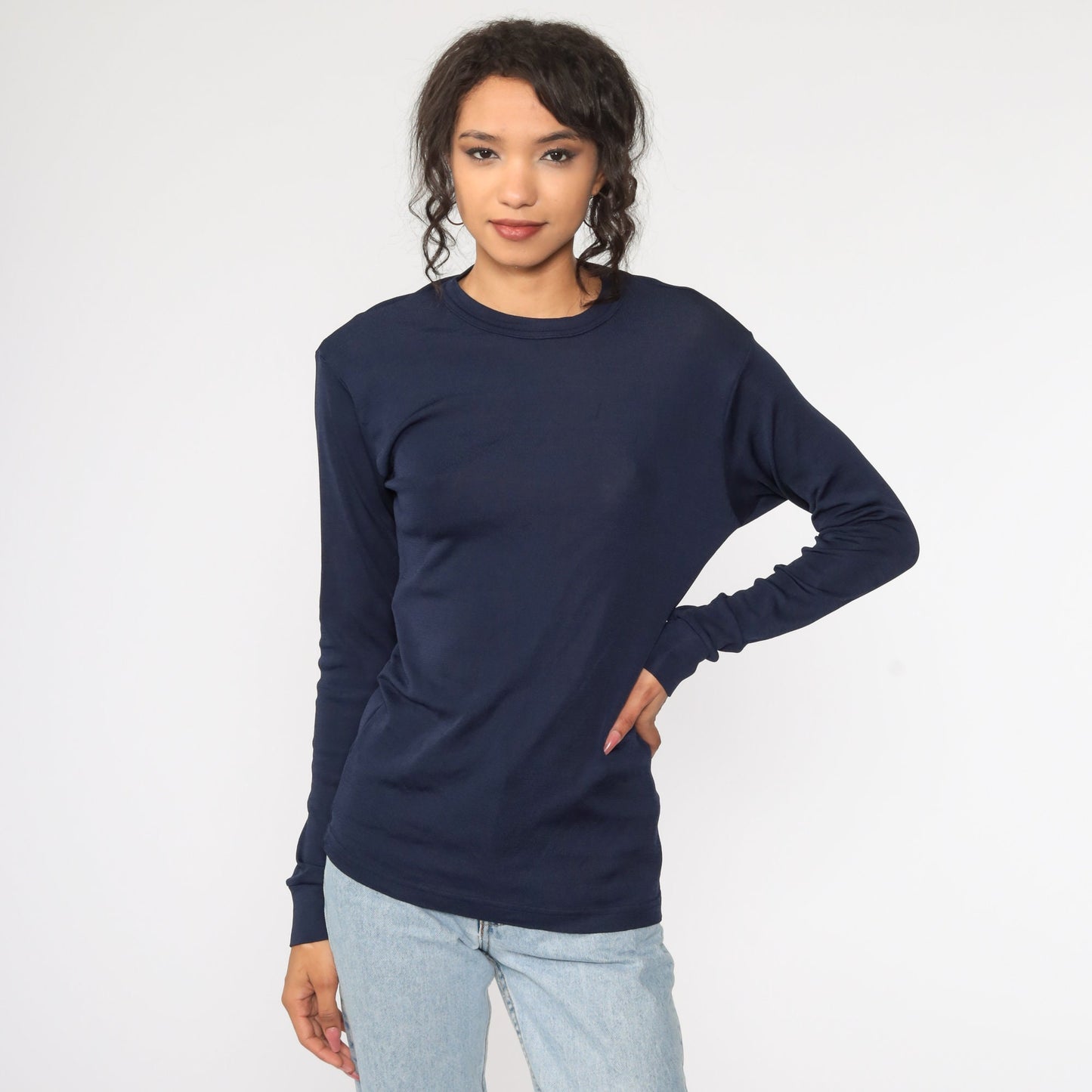 80s Blue Polypropylene Thermal Long Sleeve Shirt Medium