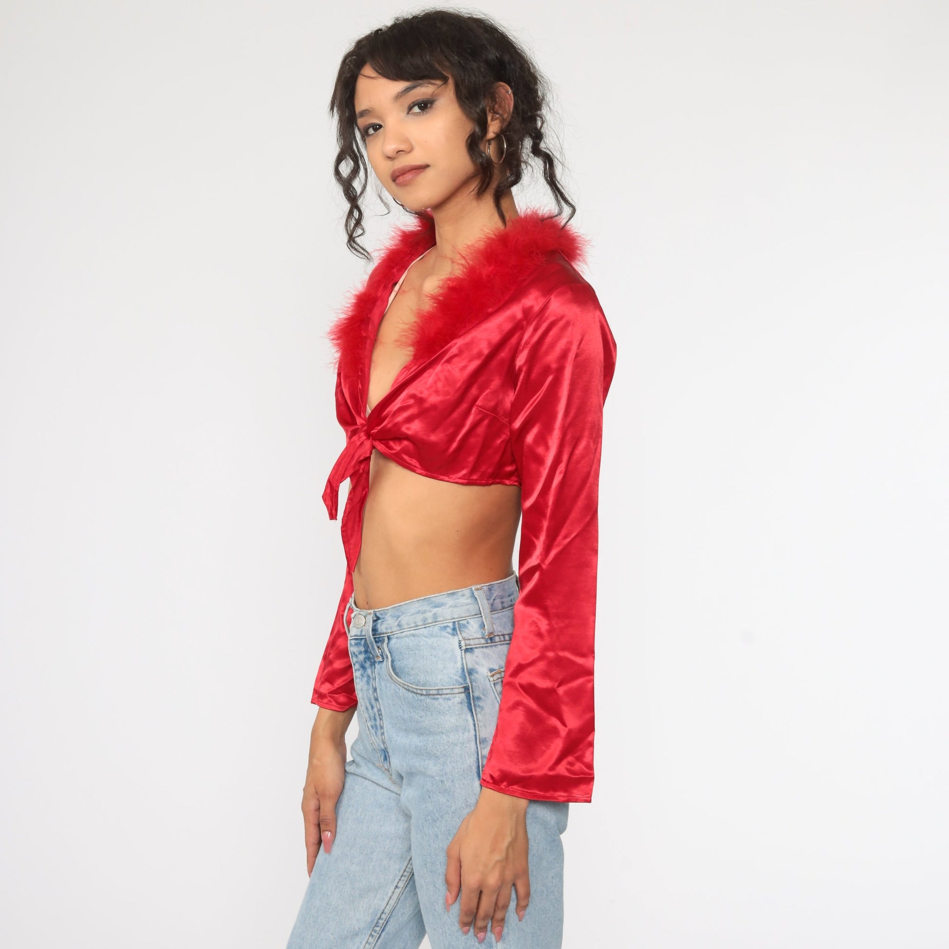Y2K Red Satin Crop Top Feather Trim Long Sleeve Tie Waist Small