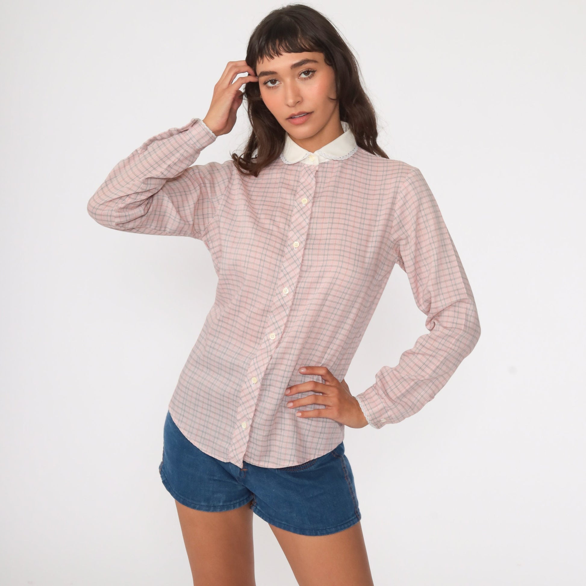 80s Pink Blue Plaid Button-Down Blouse Peter Pan Collar Long Sleeve Small