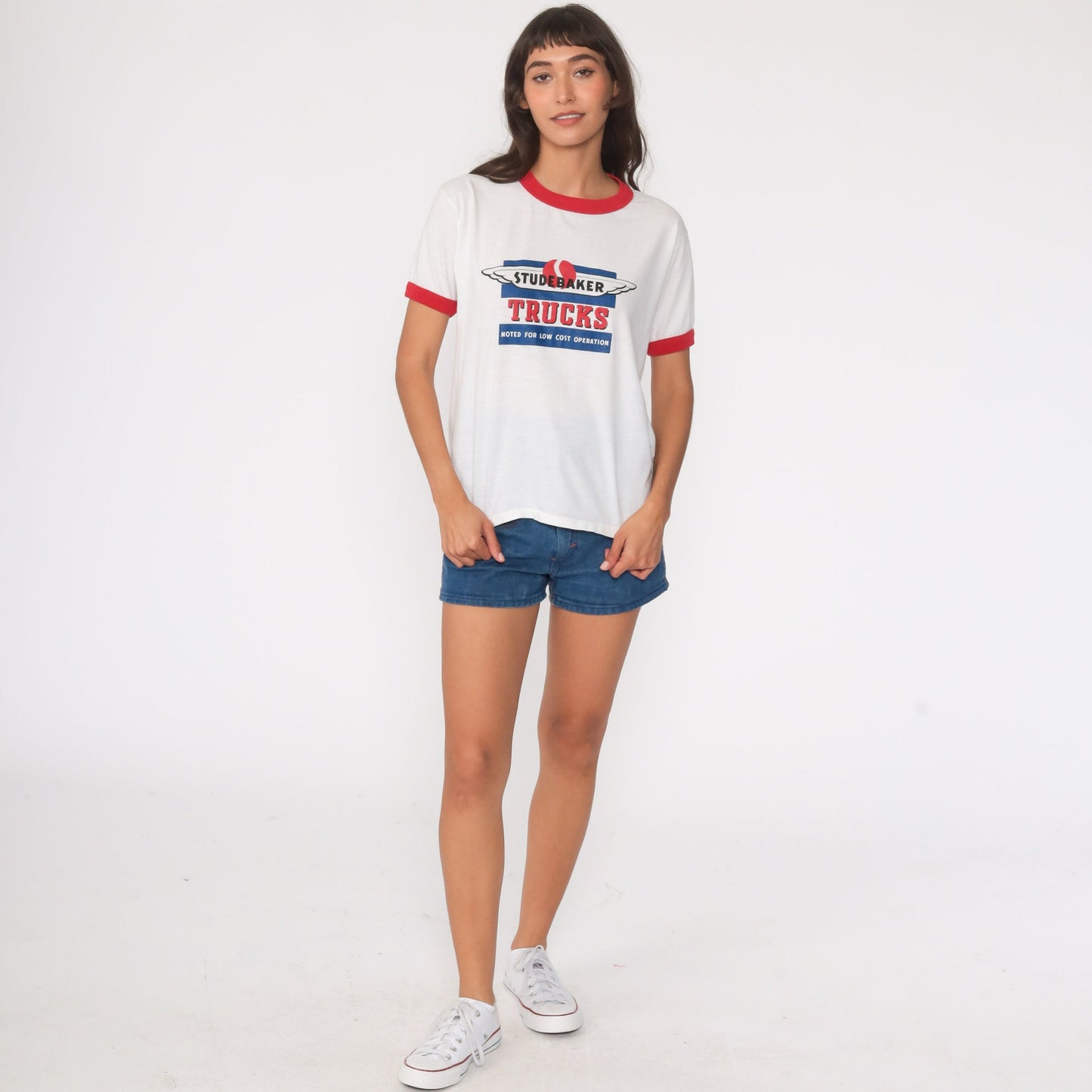 80s Studebaker Trucks Ringer Tee White Red Graphic Short Sleeve Medium