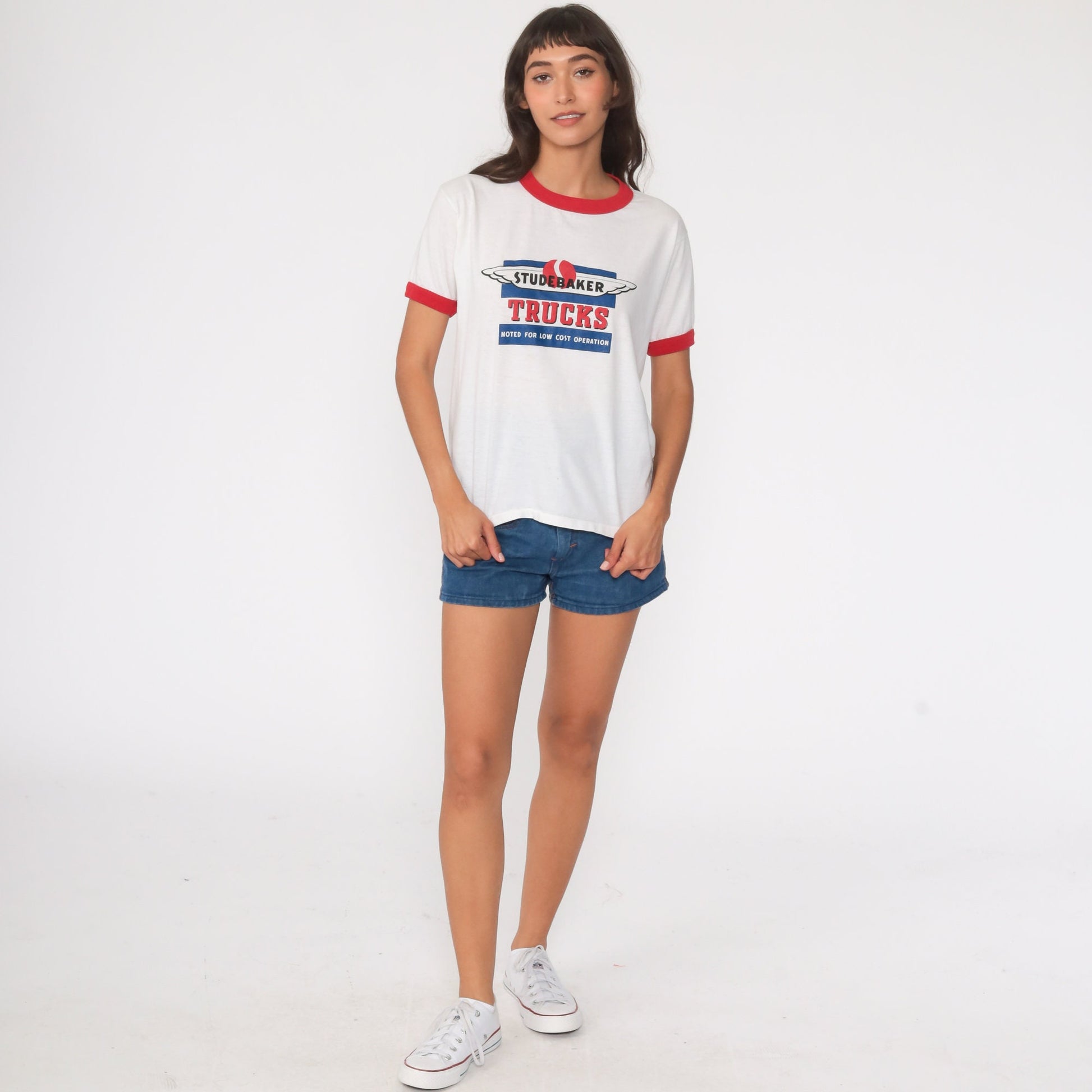80s Studebaker Trucks Ringer Tee White Red Graphic Short Sleeve Medium