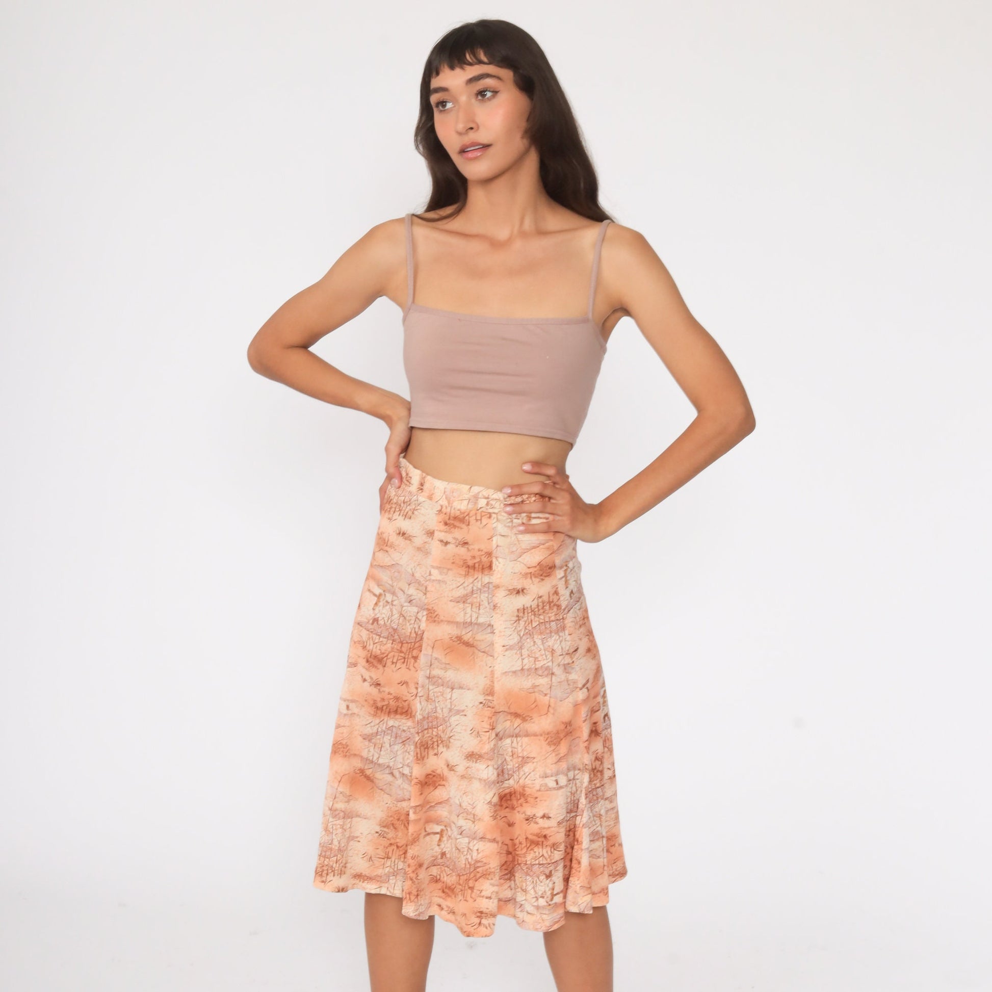 70s Asian Print Midi Skirt High Waist Orange Novelty Vintage Extra Small