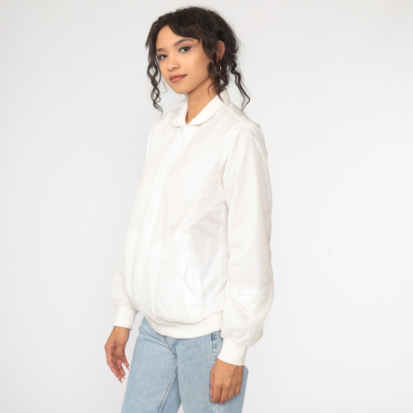 80s White Nylon Windbreaker Jacket Bomber Cut Small
