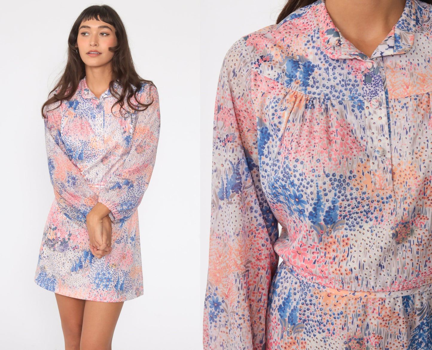 70s Floral Mini Dress Pink Purple Long Sleeve High Waist Button Up Medium Large
