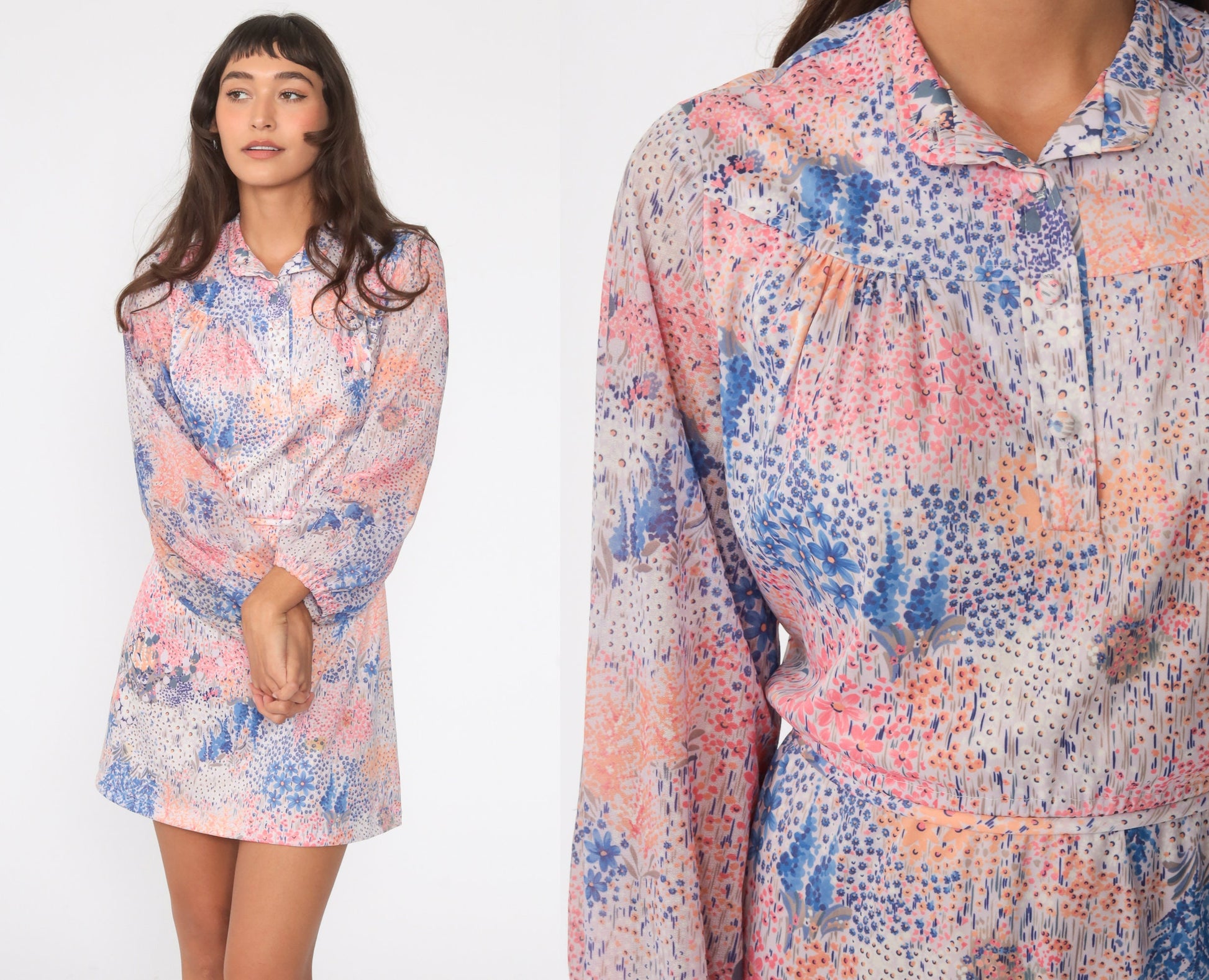 70s Floral Mini Dress Pink Purple Long Sleeve High Waist Button Up Medium Large