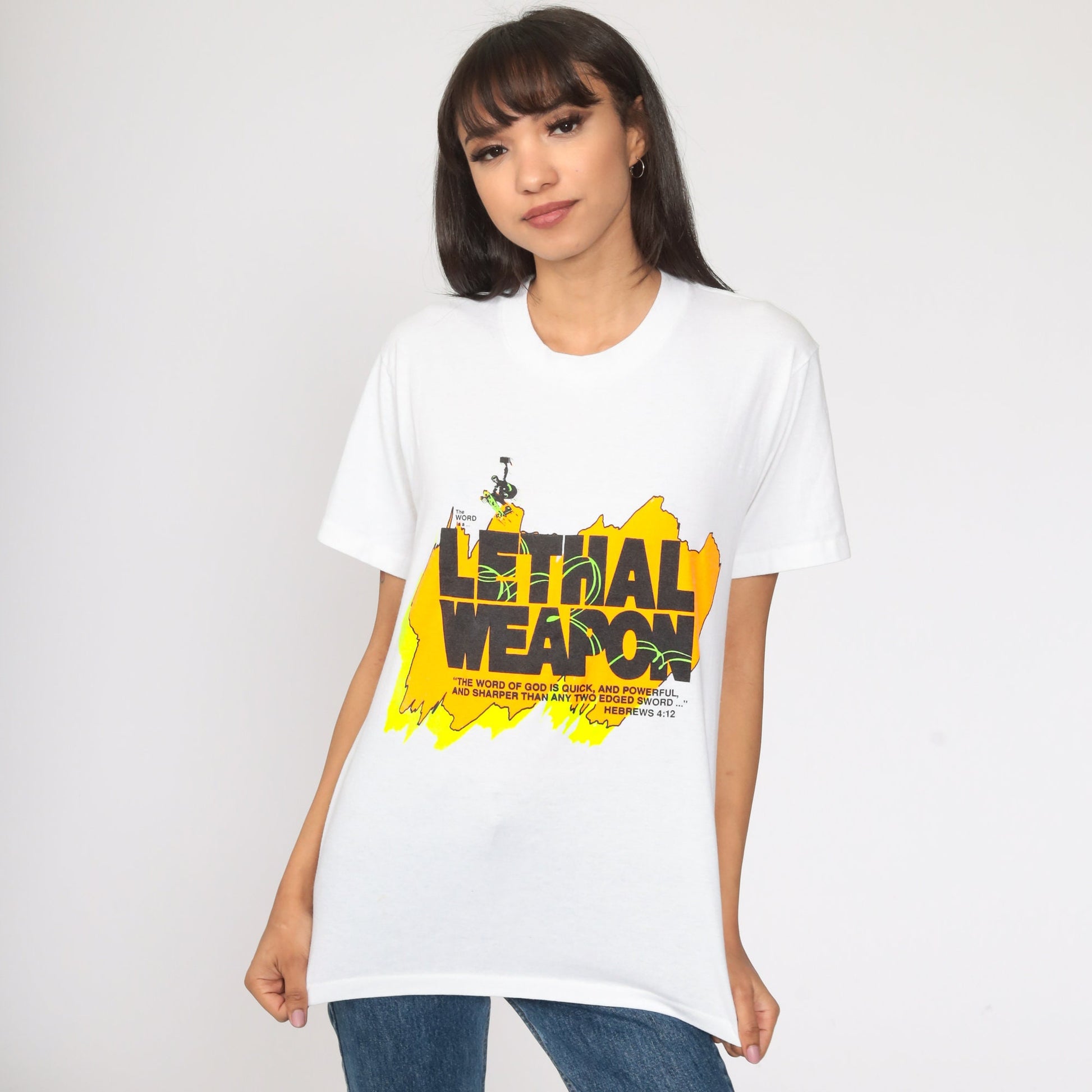 90s Christian Bible Hebrews 4:12 Neon Graphic T-Shirt Small