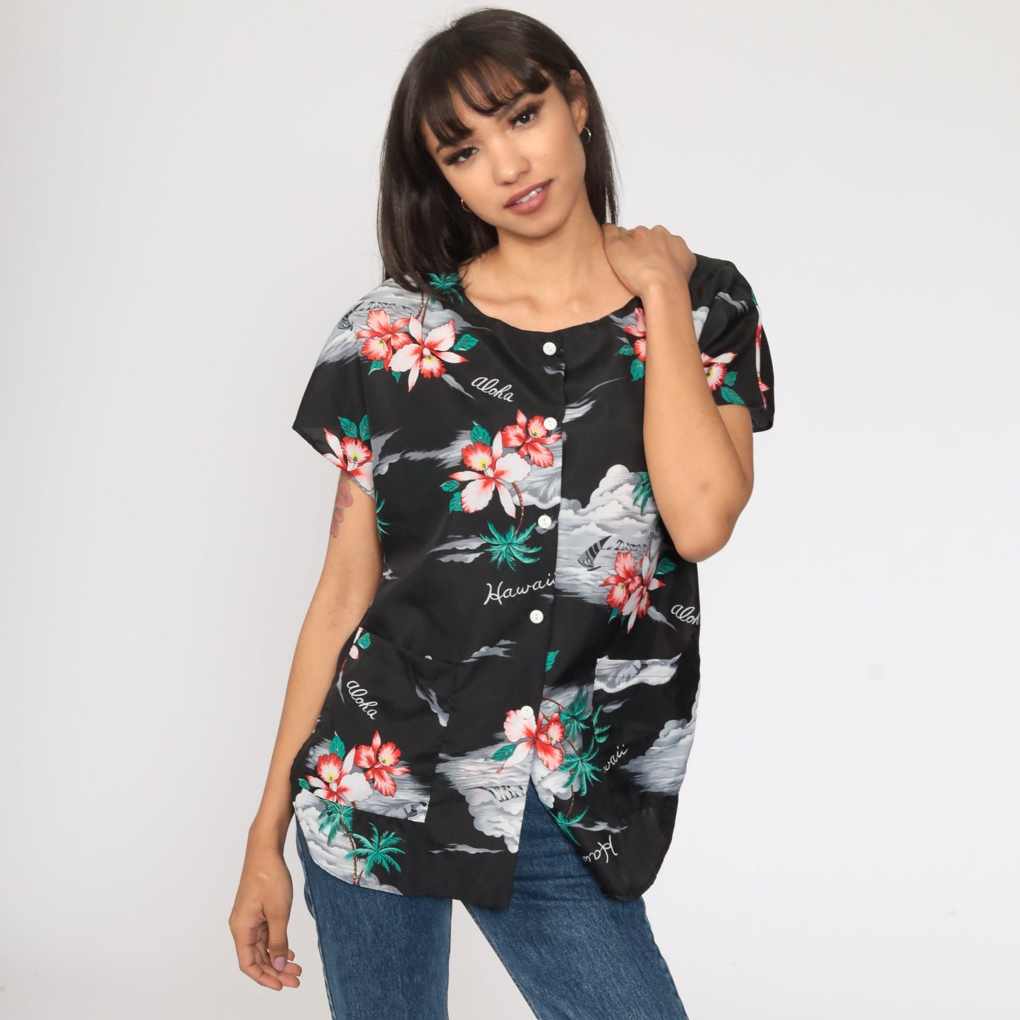 80s Tropical Floral Hawaiian Button-Up Blouse Black Hibiscus Print Medium Large