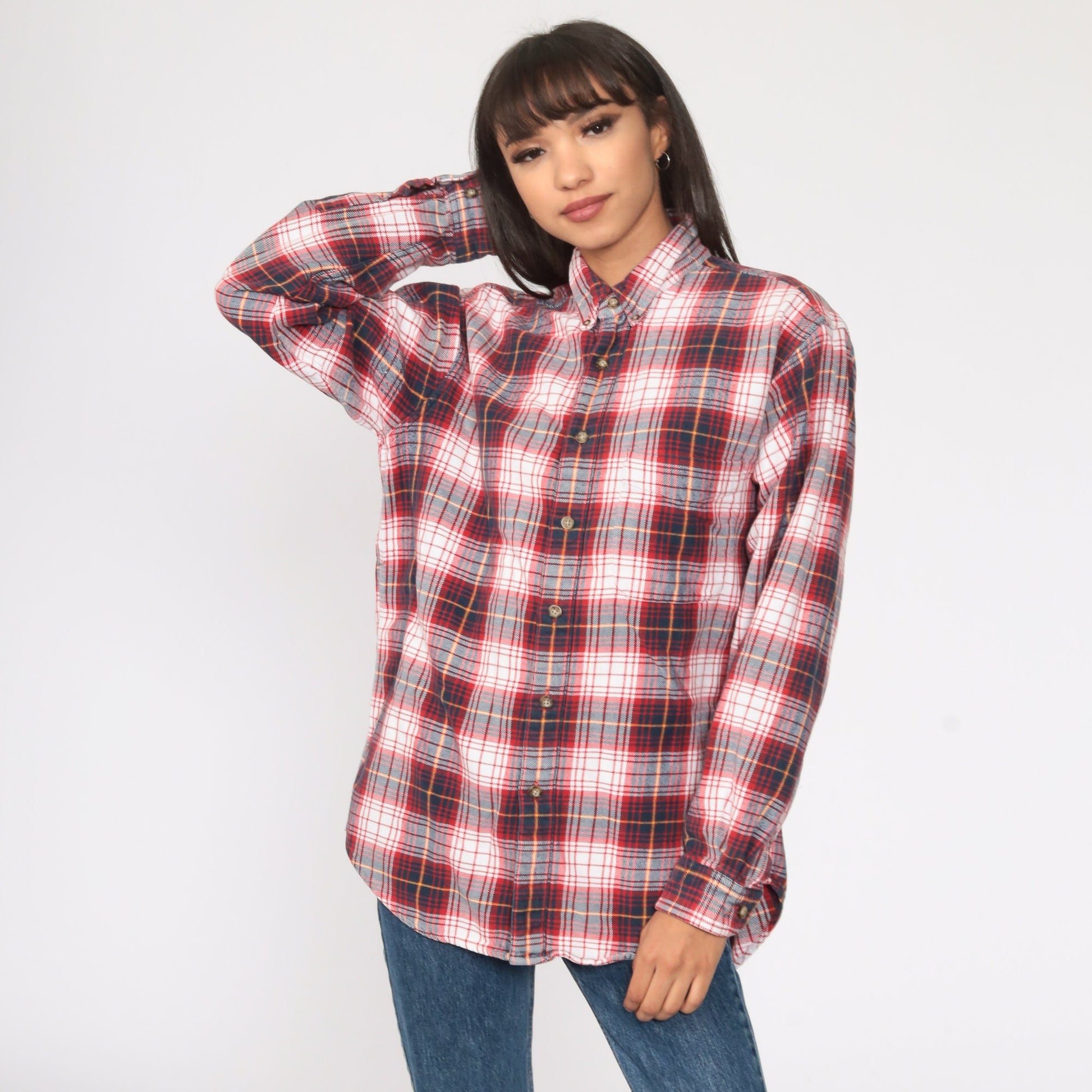 90s Red Navy Plaid Flannel Shirt Cotton Button Up Large