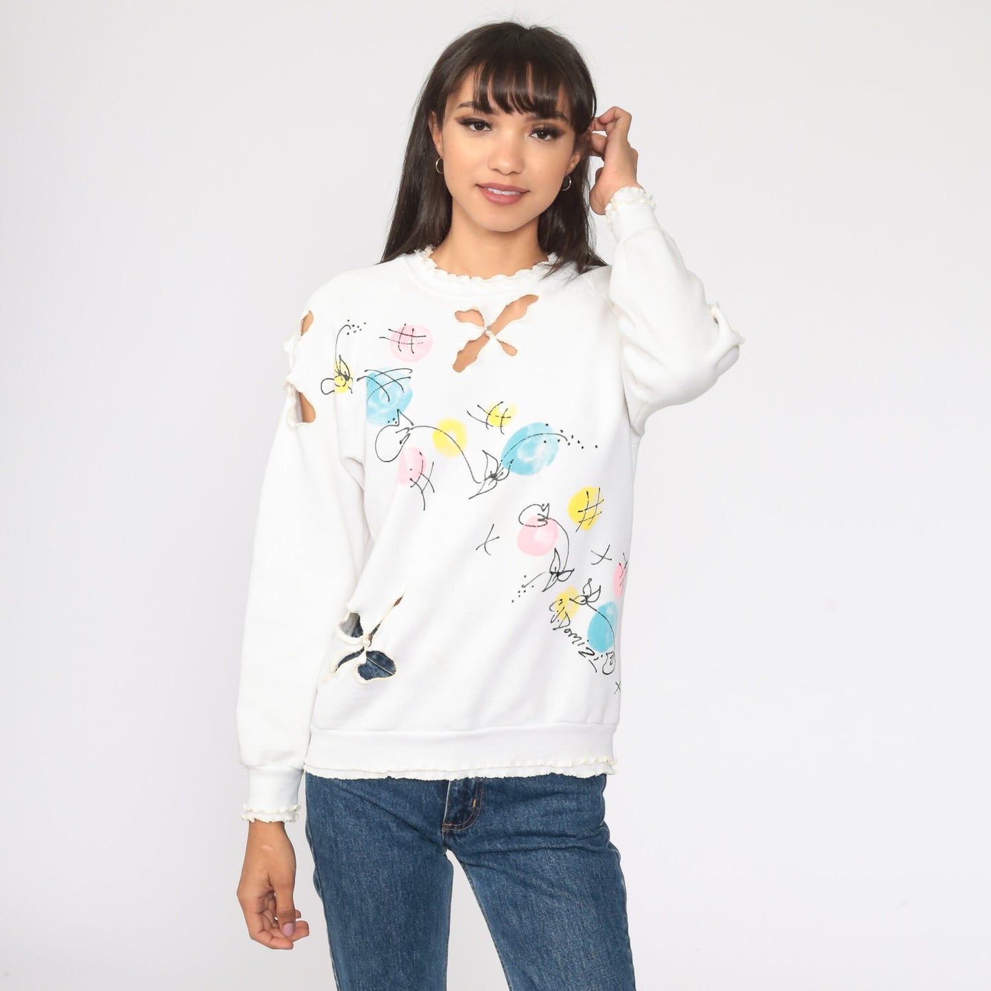 80s Floral Cutout White Raglan Sweatshirt Crewneck XS