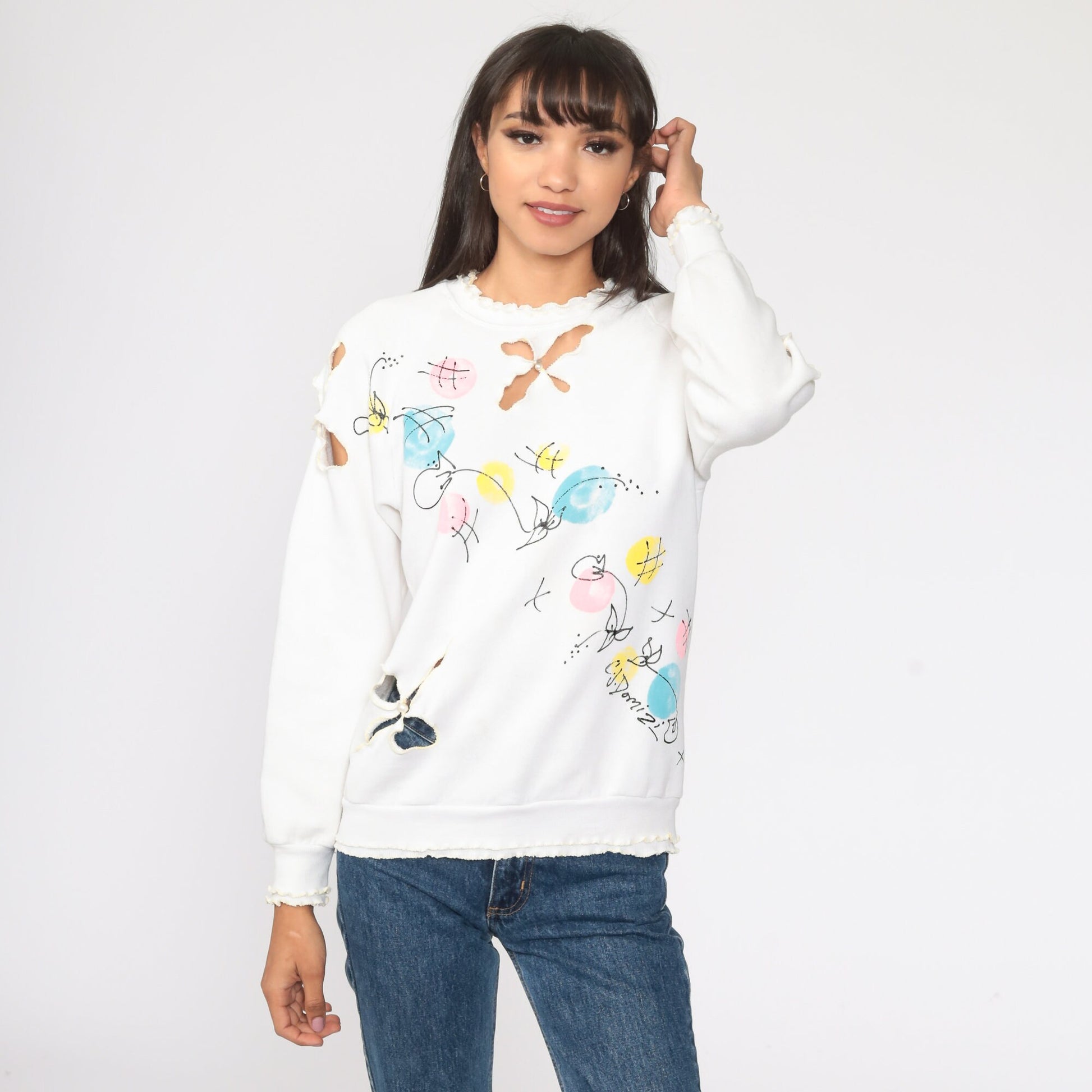 80s Floral Cutout White Raglan Sweatshirt Crewneck XS