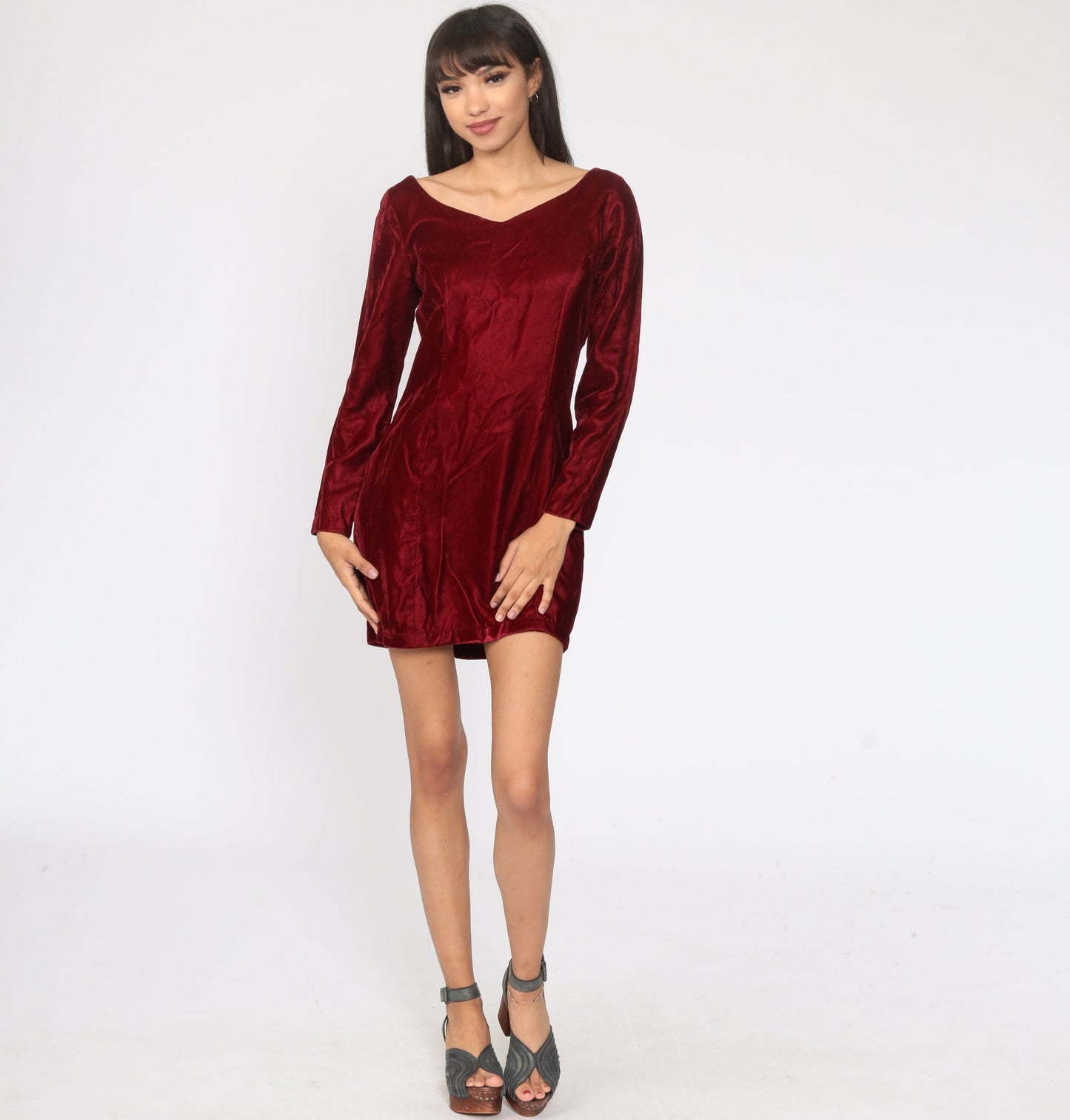60s Red Velvet Mini Dress Long Sleeve Sheath Cocktail Small