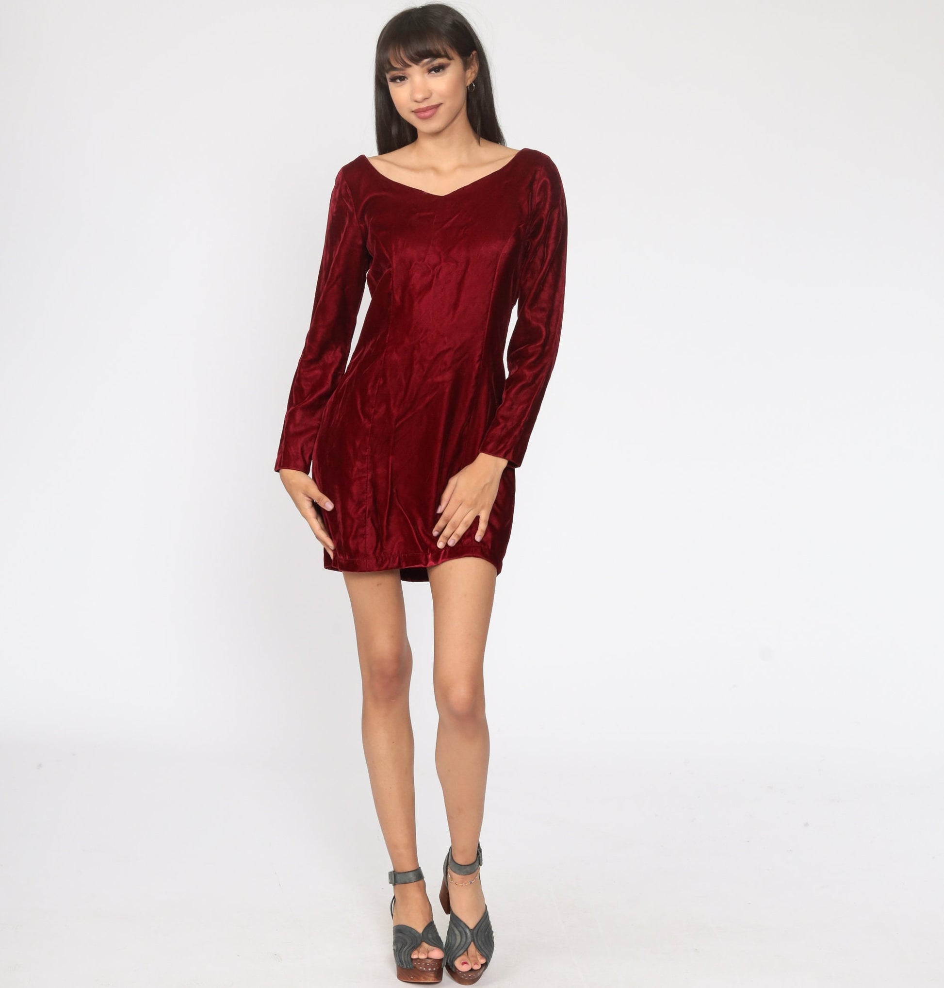 60s Red Velvet Mini Dress Long Sleeve Sheath Cocktail Small